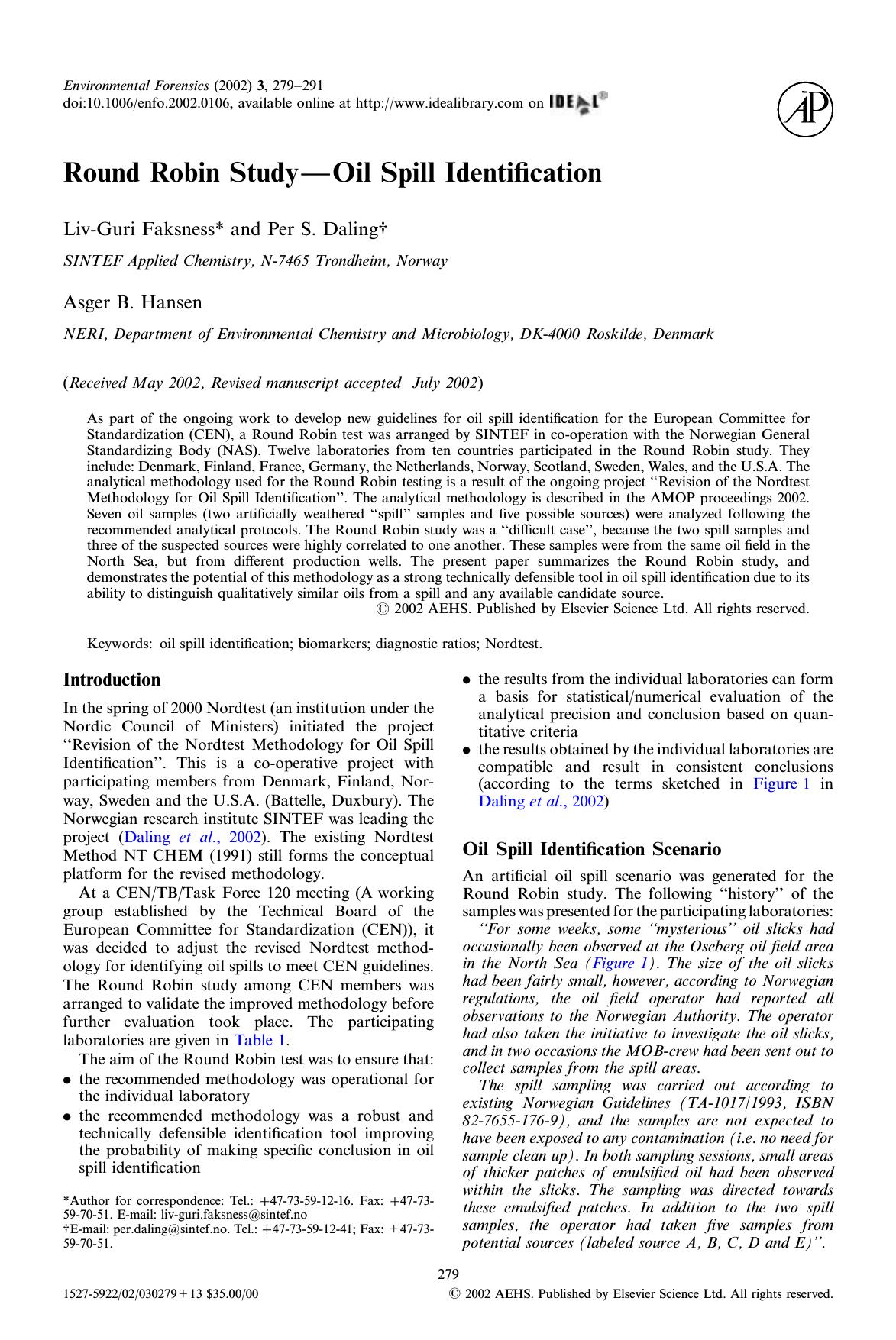 Round Robin Study --- Oil Spill Identification by Faksness L.-G. et al