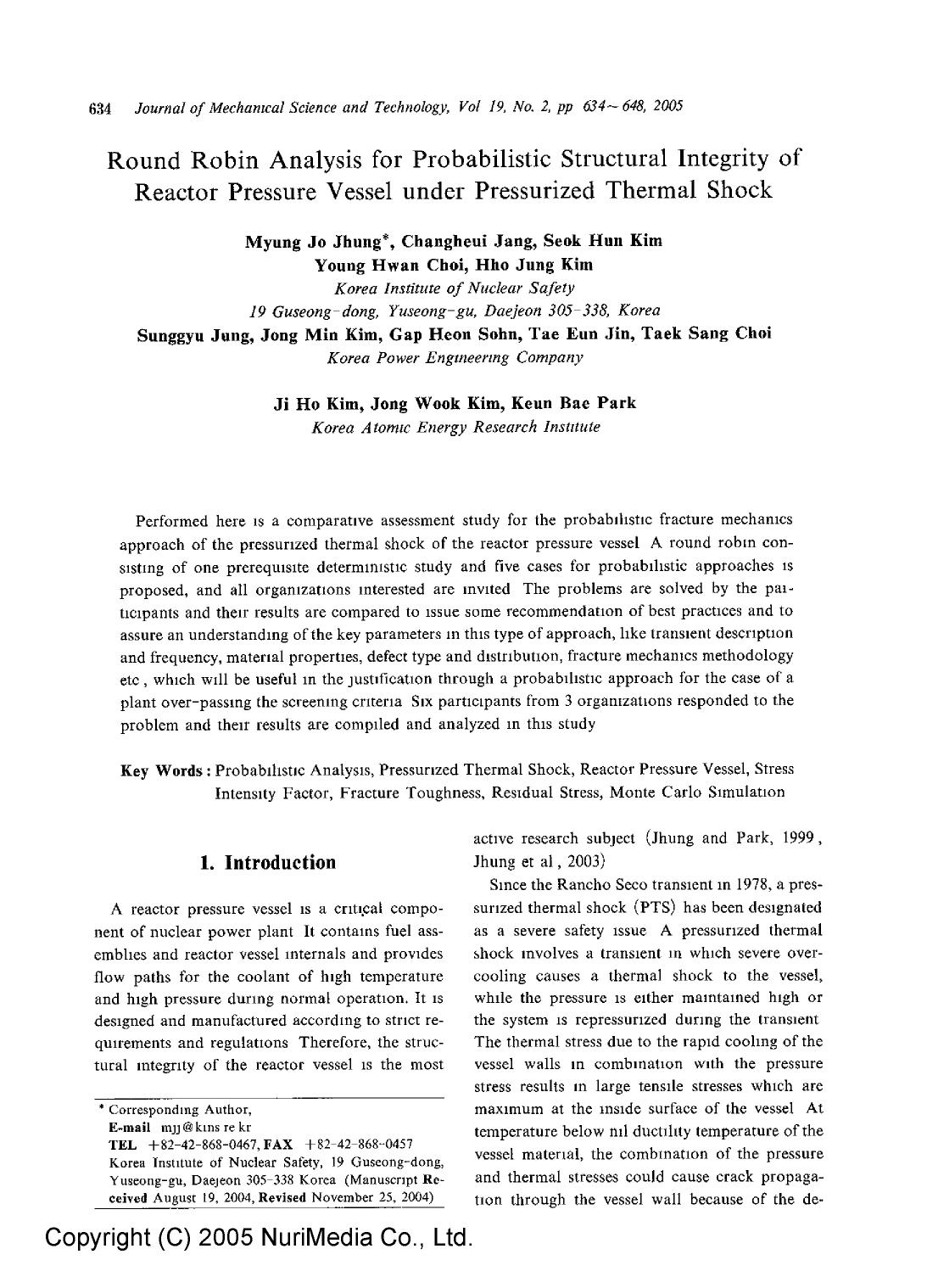 Round robin analysis for probabilistic structural integrity of reactor pressure vessel under pressurized thermal shock by Unknown