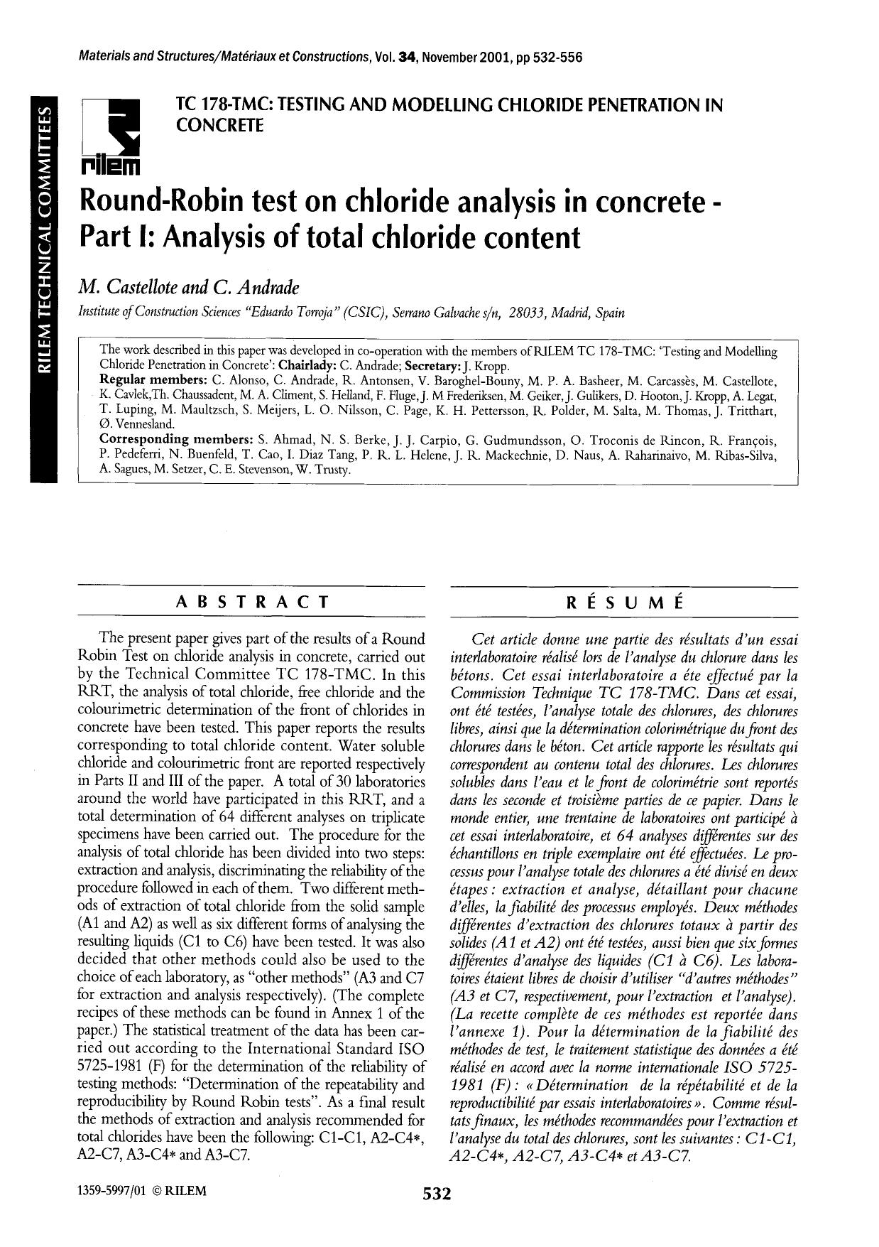 Round-Robin test on chloride analysis in concrete—Part I: Analysis of total chloride content by Unknown