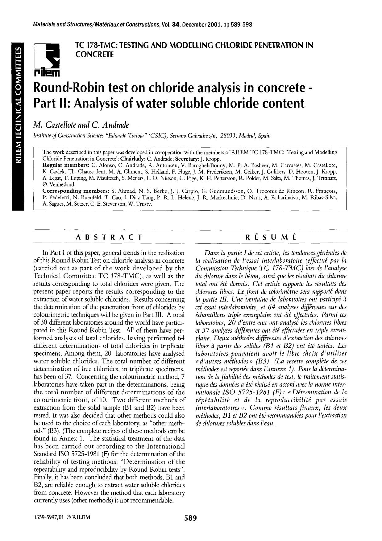 Round-robin test on chloride analysis in concrete — Part II: Analysis of water soluble chloride content by Unknown