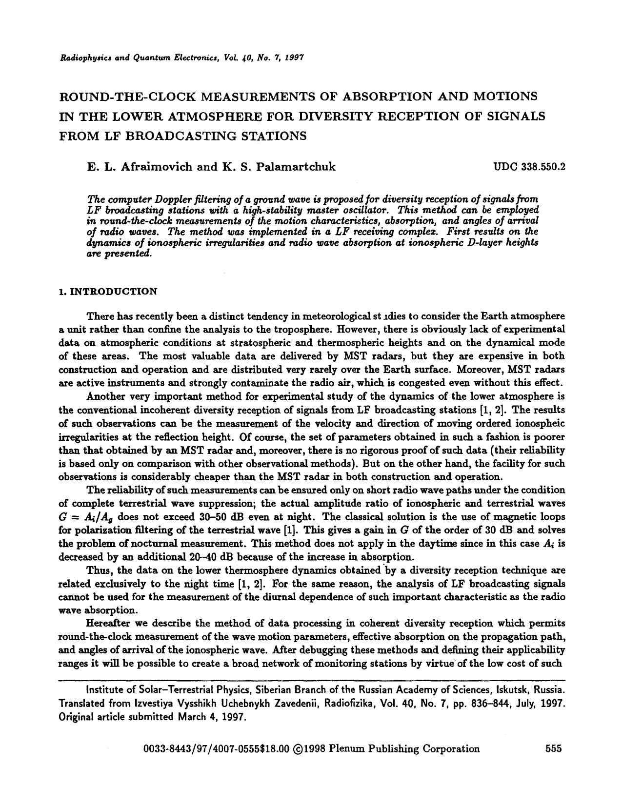 Round-the-clock measurements of absorption and motions in the lower atmosphere for diversity reception of signals from LF broadcasting stations by Unknown