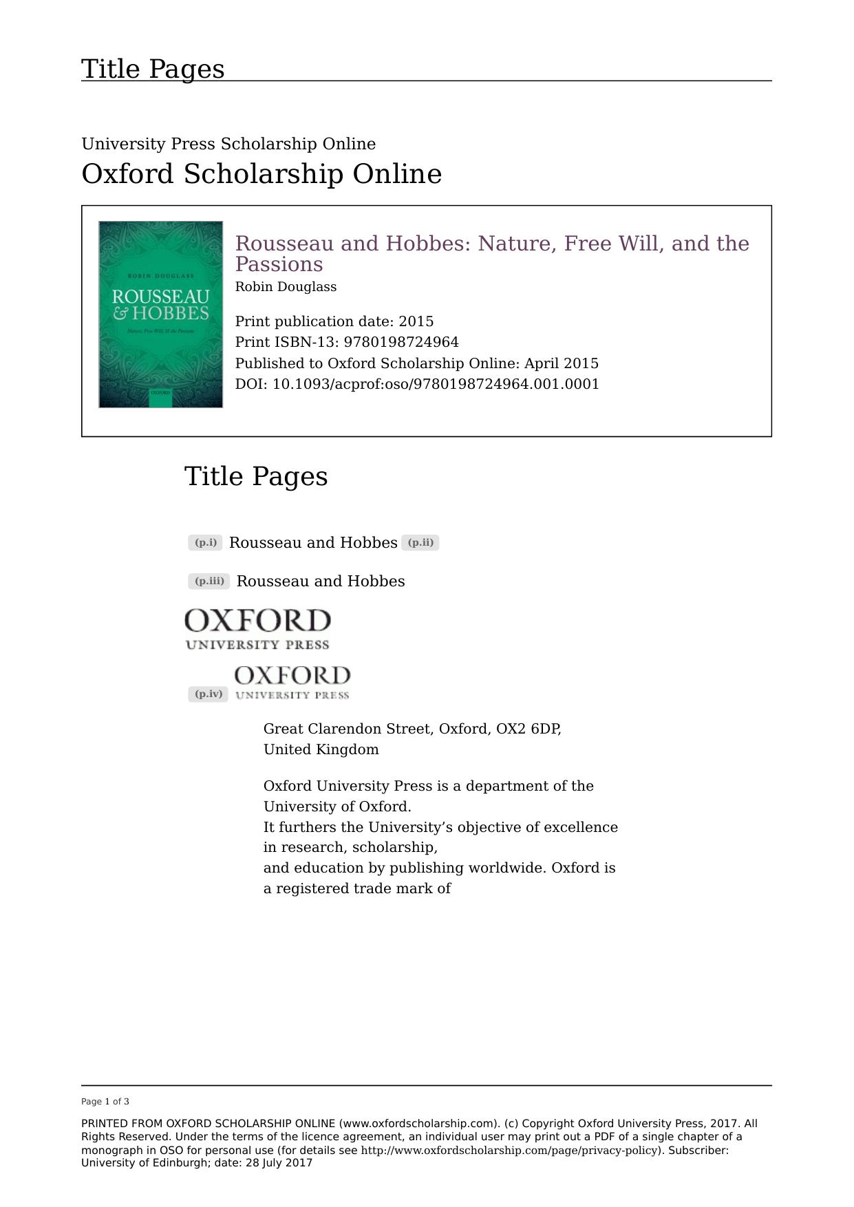 Rousseau and Hobbes: Nature, Free Will, and the Passions by Robin Douglass