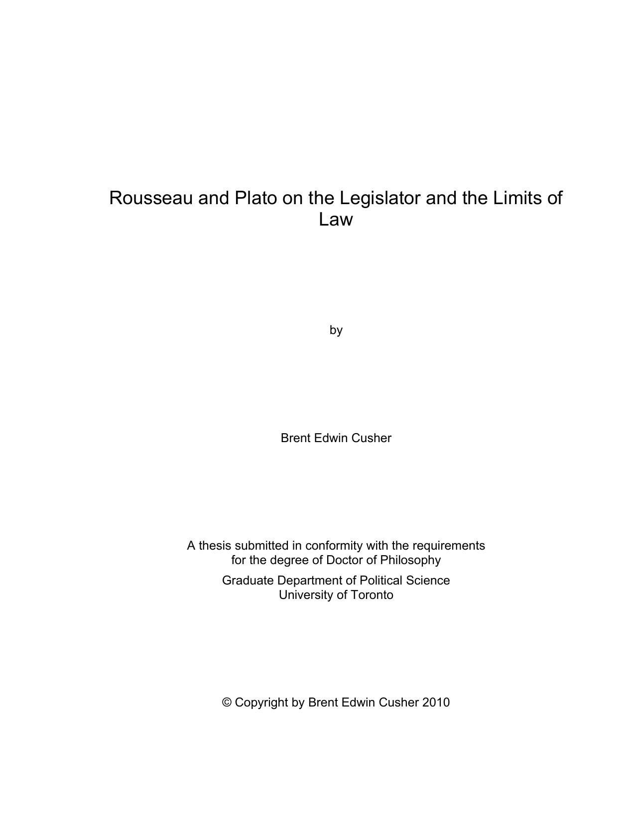 Rousseau and Plato on the Legislator and the Limits of Law by Brent Edwin Cusher