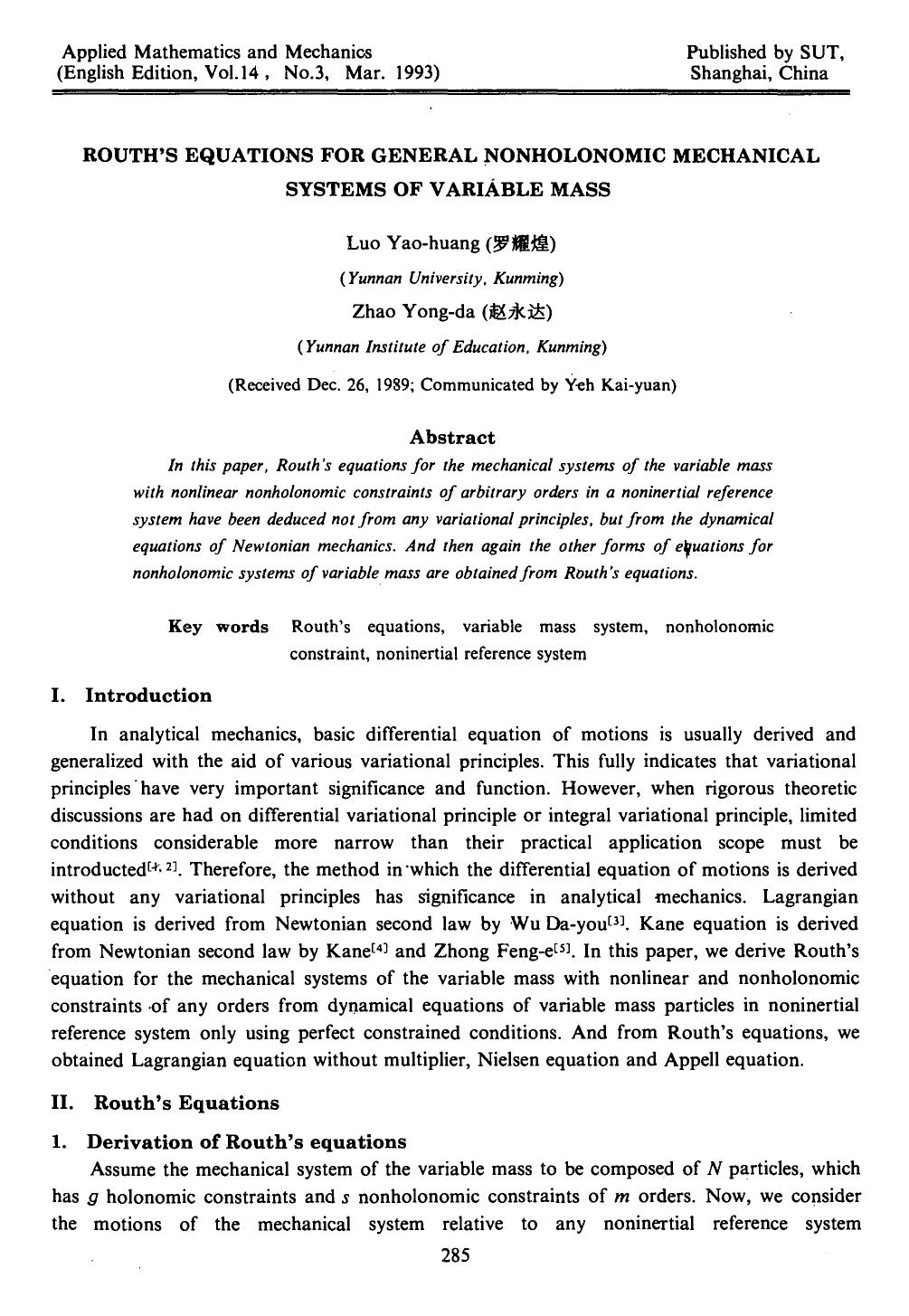 Routh's equations for general nonholonomic mechanical systems of variable mass by Unknown