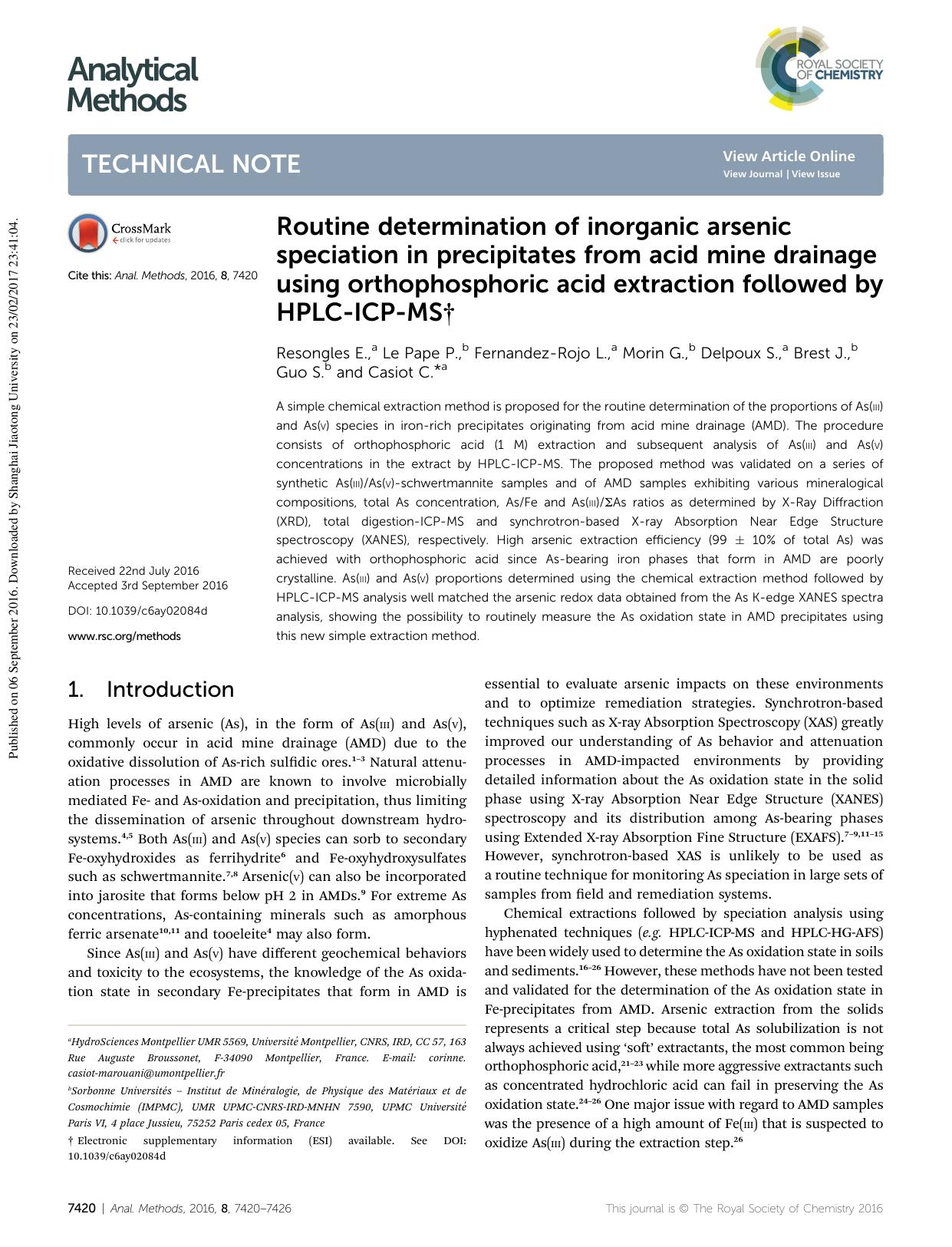 Routine determination of inorganic arsenic speciation in precipitates from acid mine drainage using orthophosphoric acid extraction followed by HPLC-ICP-MS by unknow