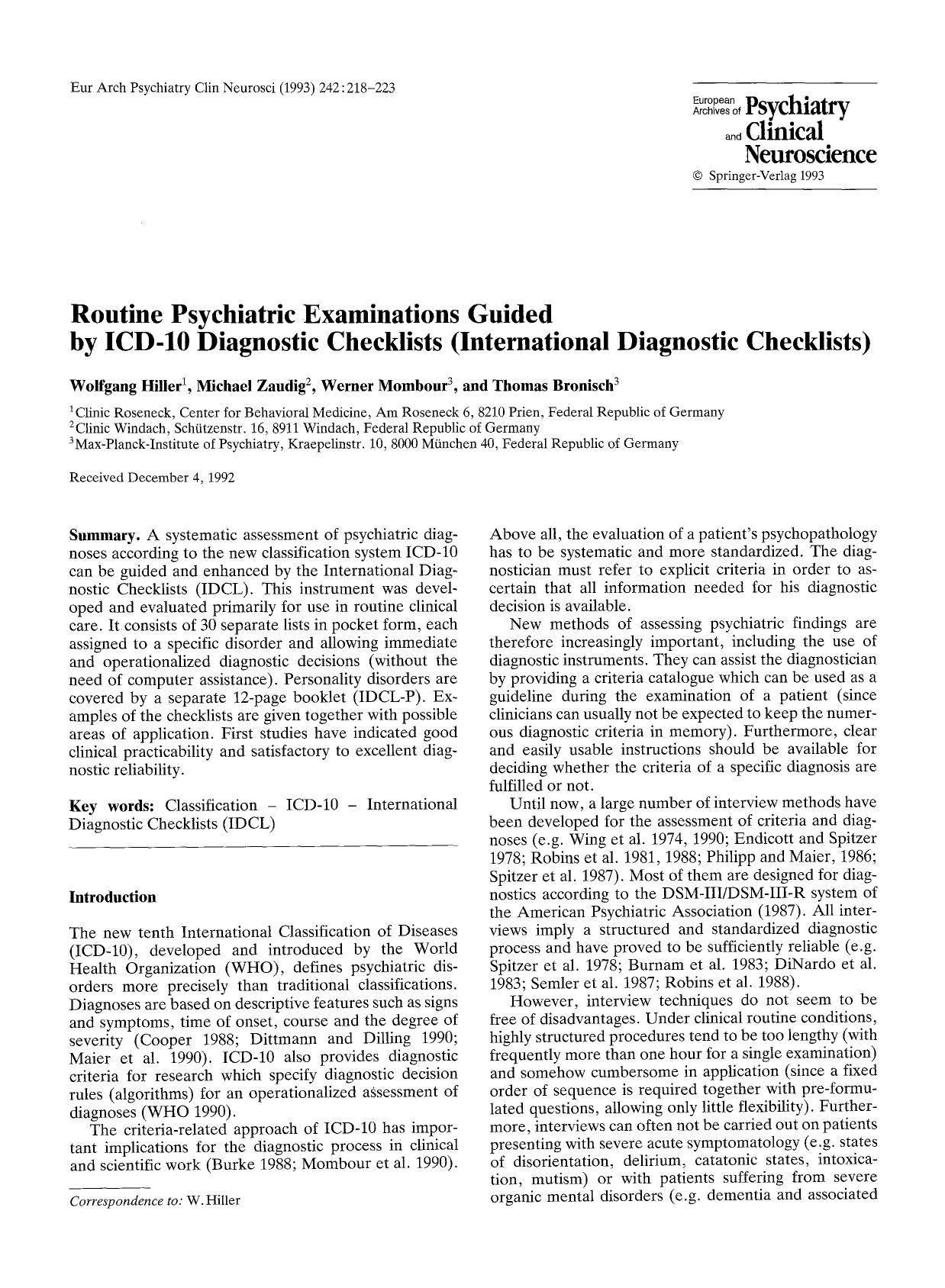 Routine psychiatric examinations guided by ICD-10 Diagnostic Checklists (International Diagnostic Checklists) by Unknown