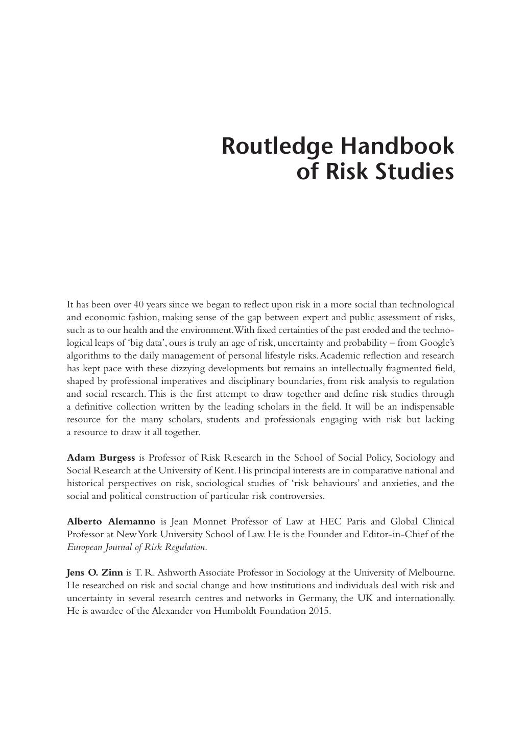 Routledge Handbook of Risk Studies by Adam Burgess; Alberto Alemanno; Jens Zinn