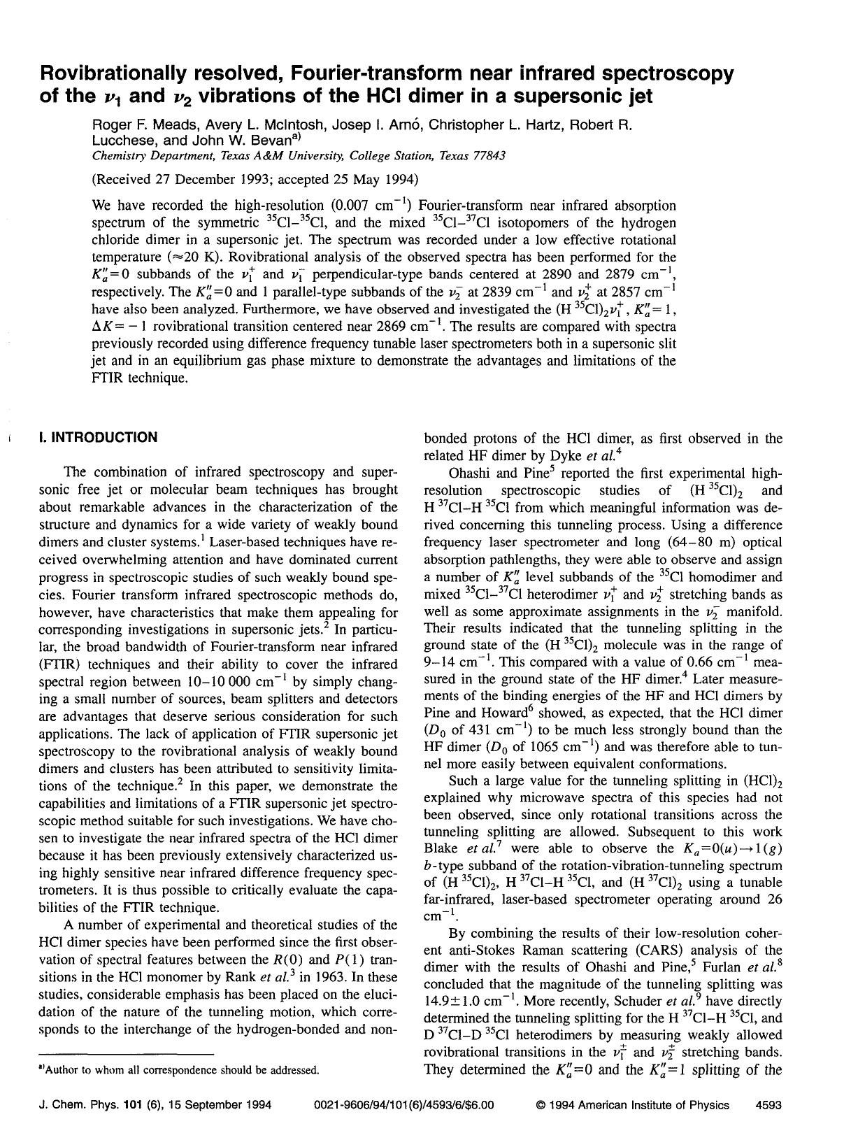 Rovibrationally resolved, Fourier-transform near infrared spectroscopy of the &ngr;1 and &ngr;2 vibrations of the HCl dimer in a supersonic jet by unknow
