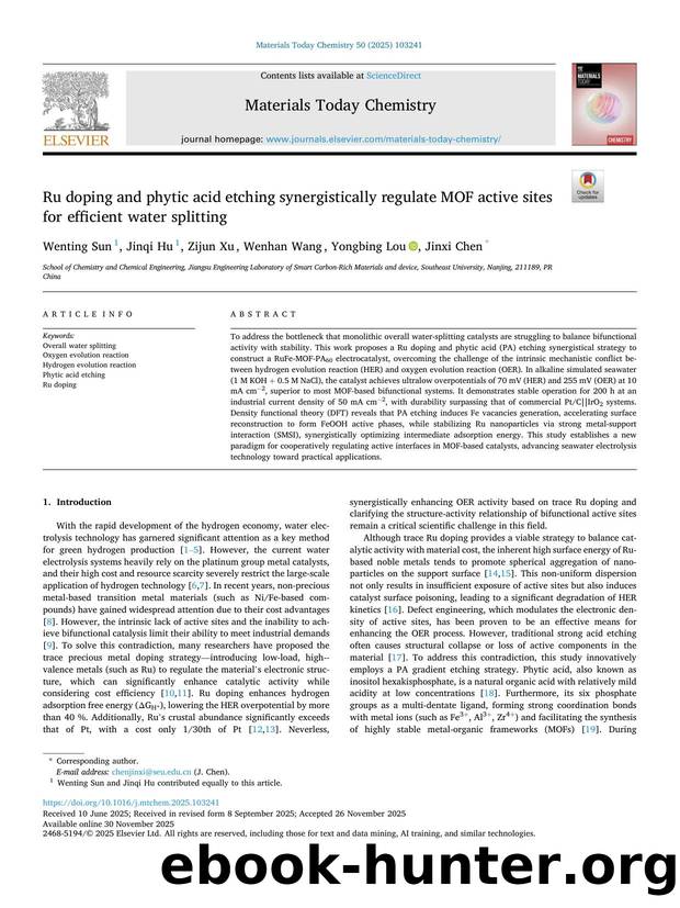 Ru doping and phytic acid etching synergistically regulate MOF active sites for efficient water splitting by Wenting Sun & Jinqi Hu & Zijun Xu & Wenhan Wang & Yongbing Lou & Jinxi Chen