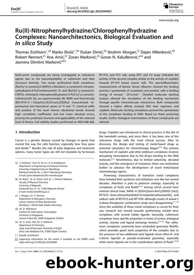 Ru(II)âNitrophenylhydrazineChlorophenylhydrazine Complexes: Nanoarchitectonics, Biological Evaluation and In silico Study by Unknown