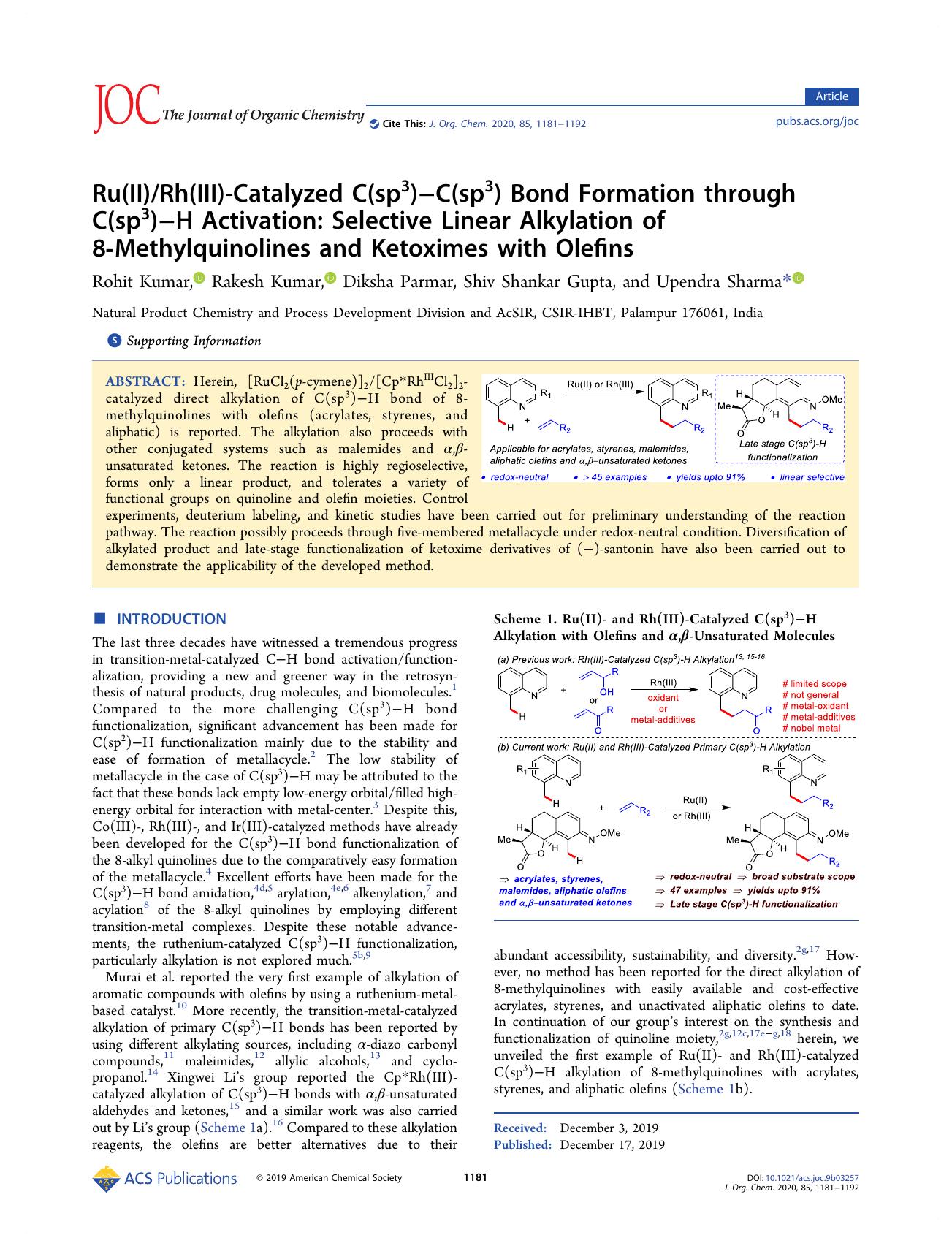 Ru(II)Rh(III)-Catalyzed C(sp3)–C(sp3) Bond Formation through C(sp3)–H Activation: Selective Linear Alkylation of 8-Methylquinolines and Ketoximes with Olefins by unknow