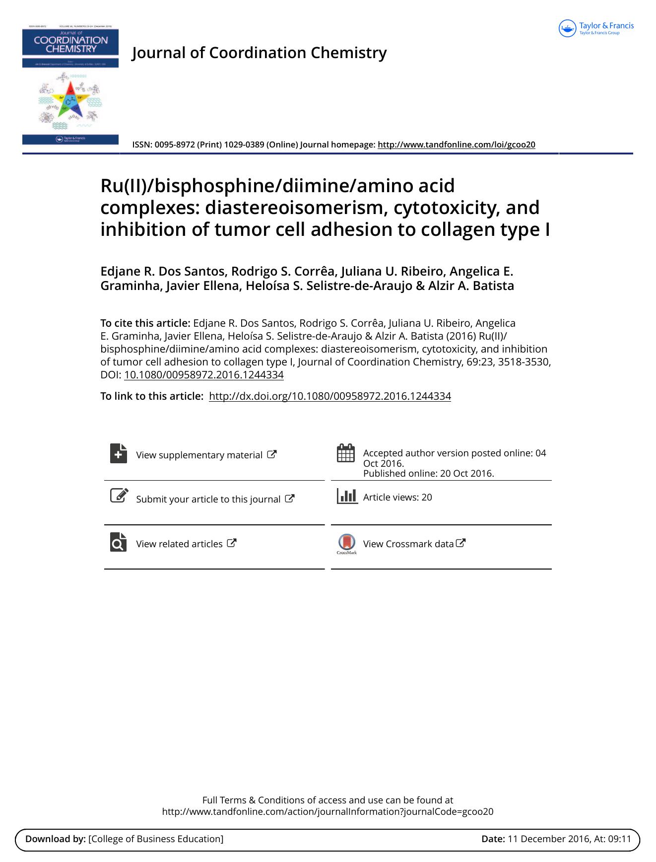 Ru(II)bisphosphinediimineamino acid complexes: diastereoisomerism, cytotoxicity, and inhibition of tumor cell adhesion to collagen type I by unknow