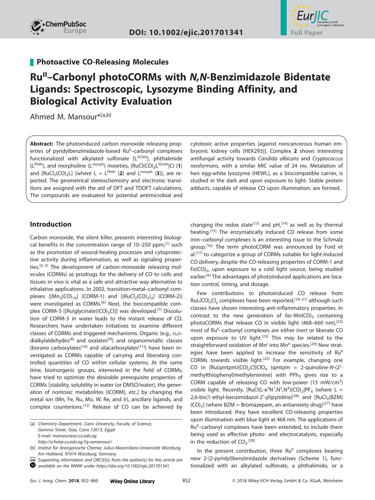 Ru<sup>II<sup>–Carbonyl photoCORMs with <i>N,N<i>‐Benzimidazole Bidentate Ligands: Spectroscopic, Lysozyme Binding Affinity, and Biological Activity Evaluation by Unknown