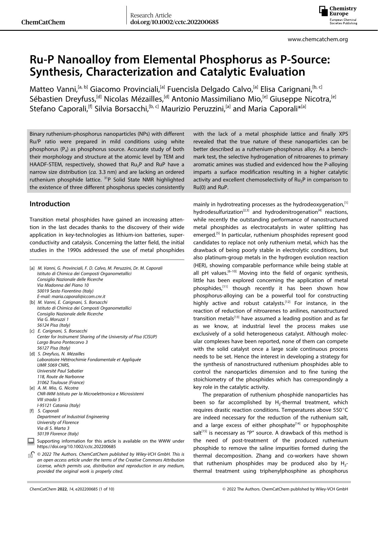 RuâP Nanoalloy from Elemental Phosphorus as PâSource: Synthesis, Characterization and Catalytic Evaluation by Unknown