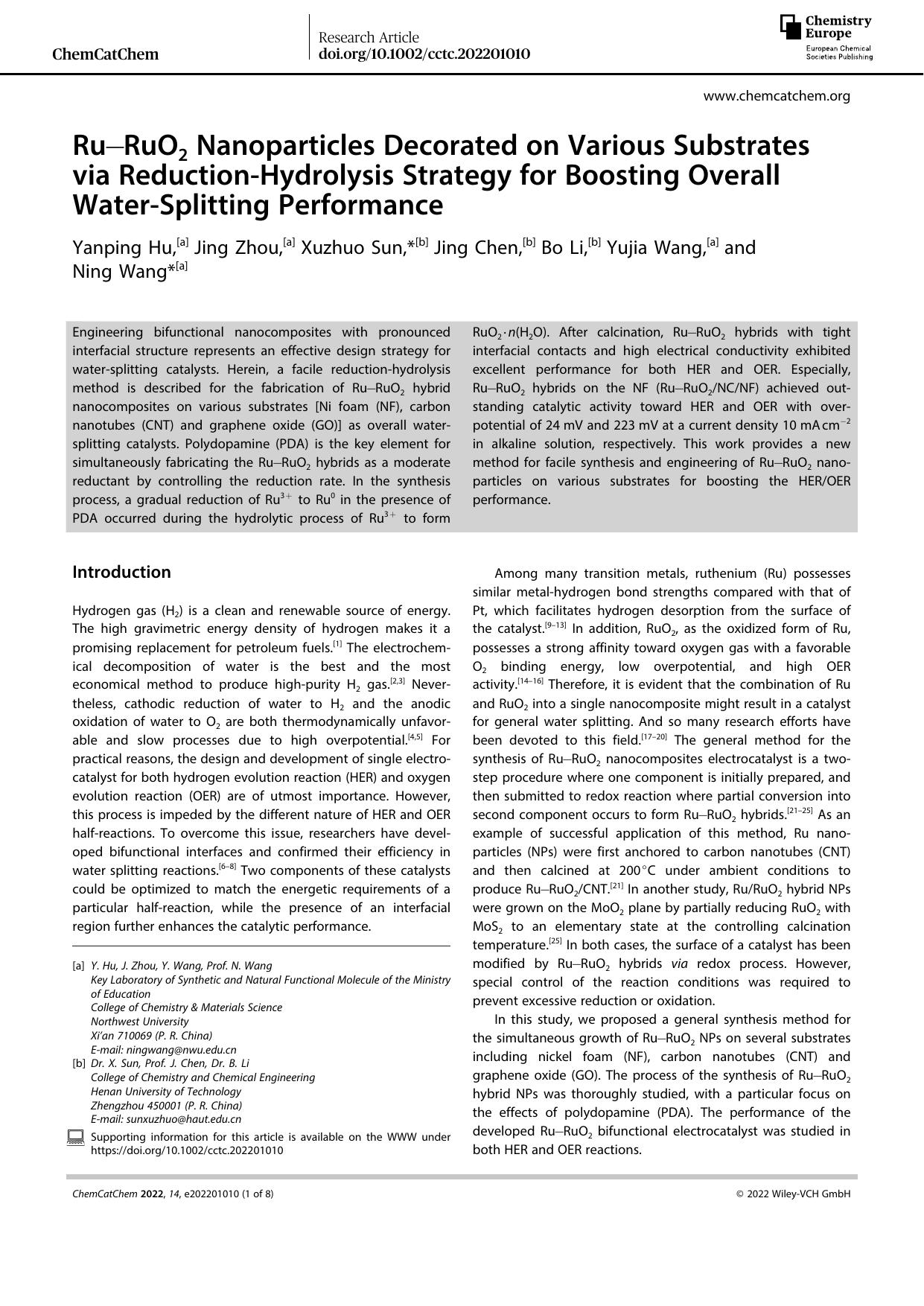 RuâRuO2 Nanoparticles Decorated on Various Substrates via ReductionâHydrolysis Strategy for Boosting Overall WaterâSplitting Performance by Unknown
