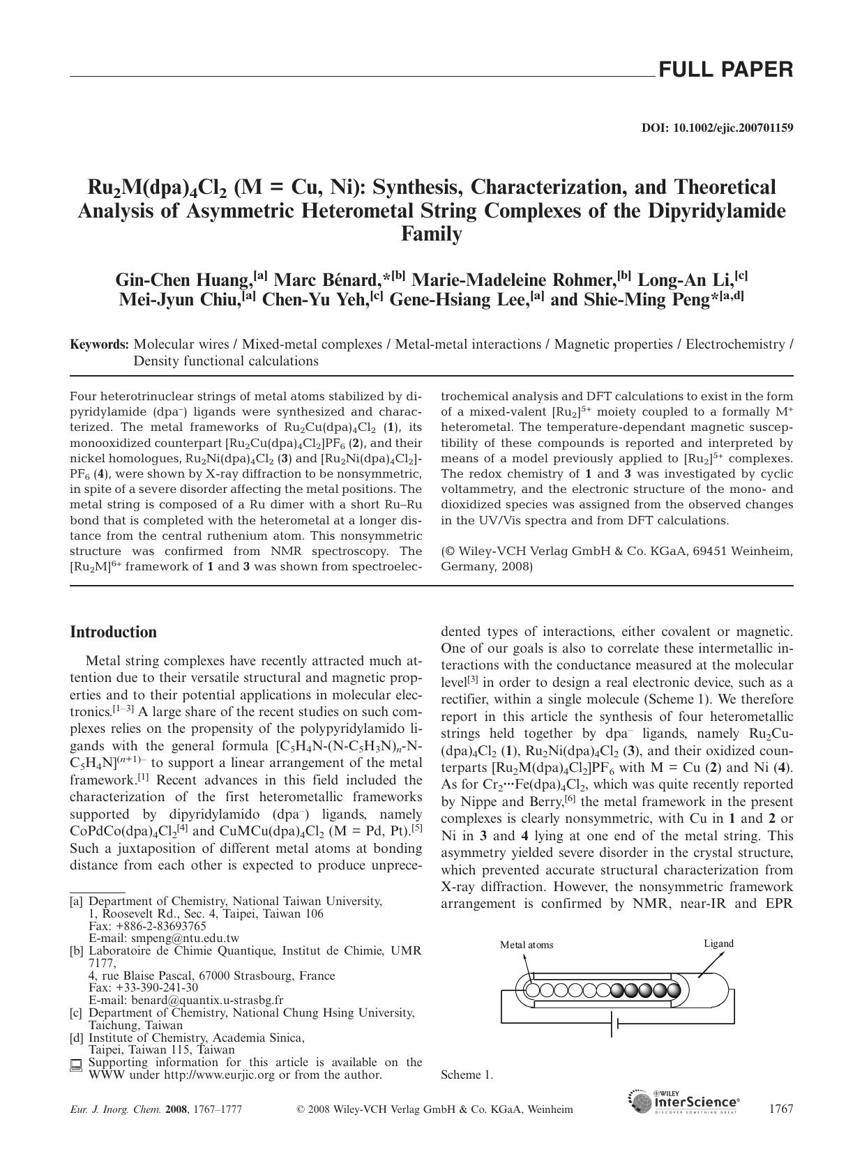 Ru2M(dpa)4Cl2 (M = Cu, Ni): Synthesis, Characterization, and Theoretical Analysis of Asymmetric Heterometal String Complexes of the Dipyridylamide Family by Unknown
