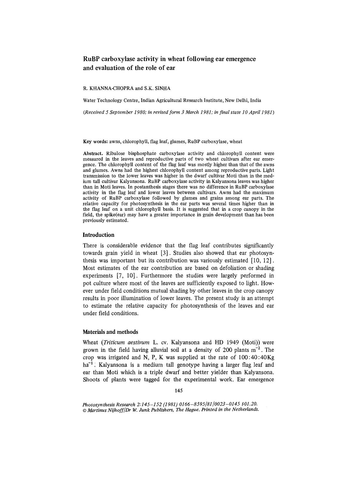RuBP carboxylase activity in wheat following ear emergence and evaluation of the role of ear by Unknown
