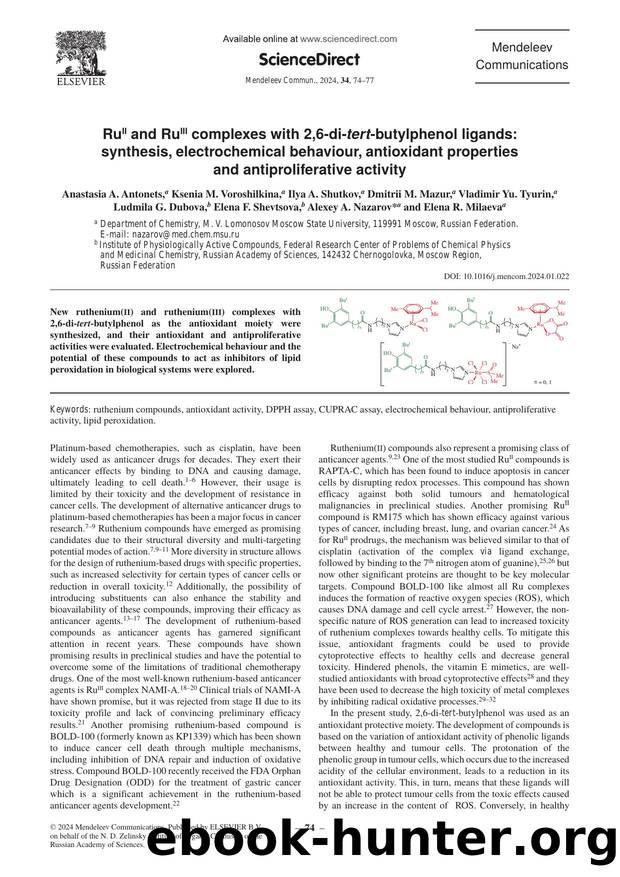 RuII and RuIII complexes with 2,6-di-tert-butylphenol ligands: synthesis, electrochemical behaviour, antioxidant properties and antiproliferative activity by unknow
