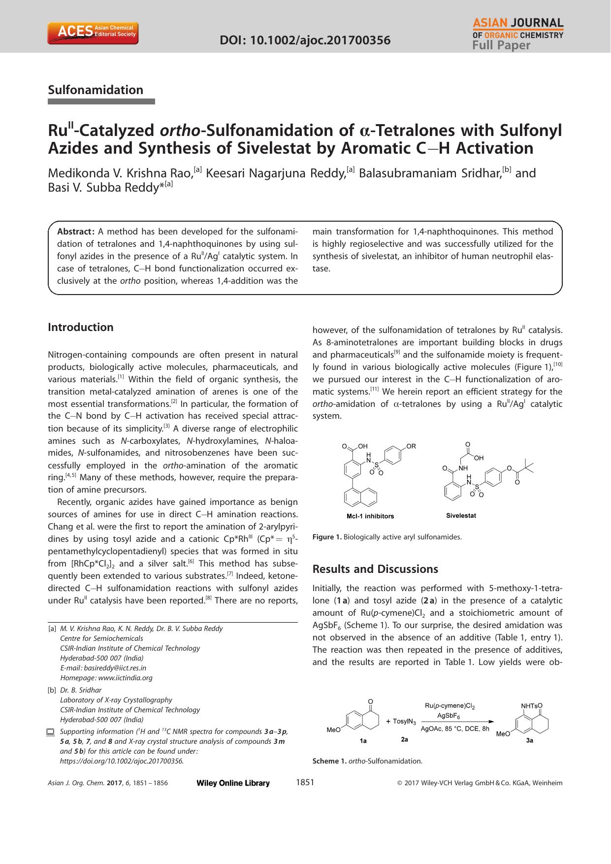 RuIIâCatalyzed orthoâSulfonamidation of Î±âTetralones with Sulfonyl Azides and Synthesis of Sivelestat by Aromatic CâH Activation by Unknown