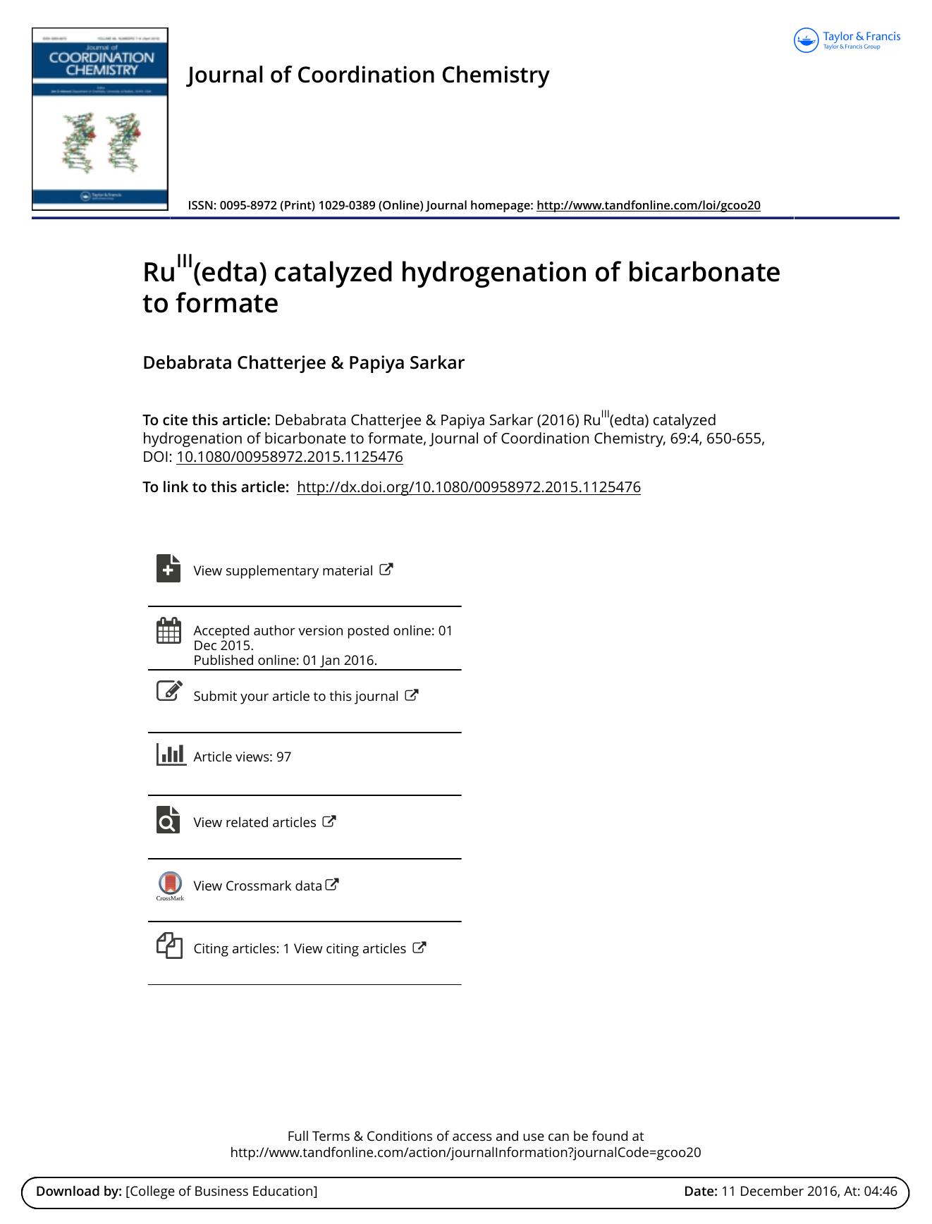 RuIII(edta) catalyzed hydrogenation of bicarbonate to formate by Debabrata Chatterjee & Papiya Sarkar