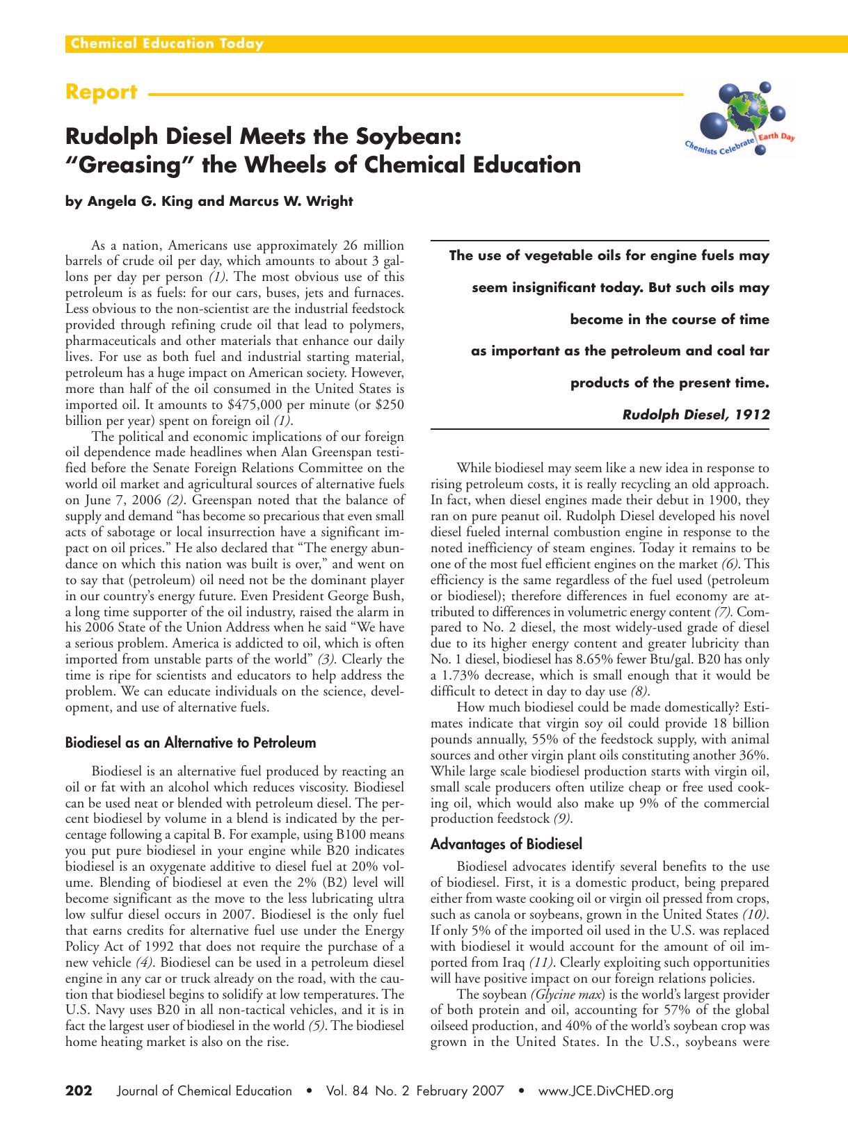 Rudolph Diesel Meets the Soybean: "Greasing" the Wheels of Chemical Education by Angela G. King and Marcus W. Wright