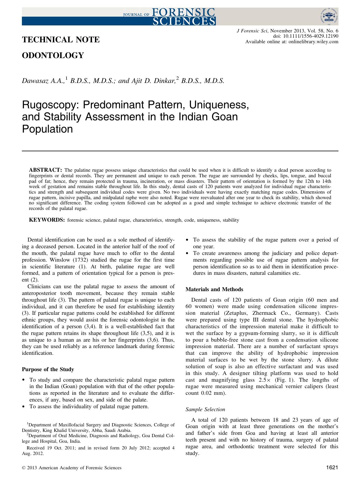 Rugoscopy: Predominant Pattern, Uniqueness, and Stability Assessment in the Indian Goan Population by Unknown