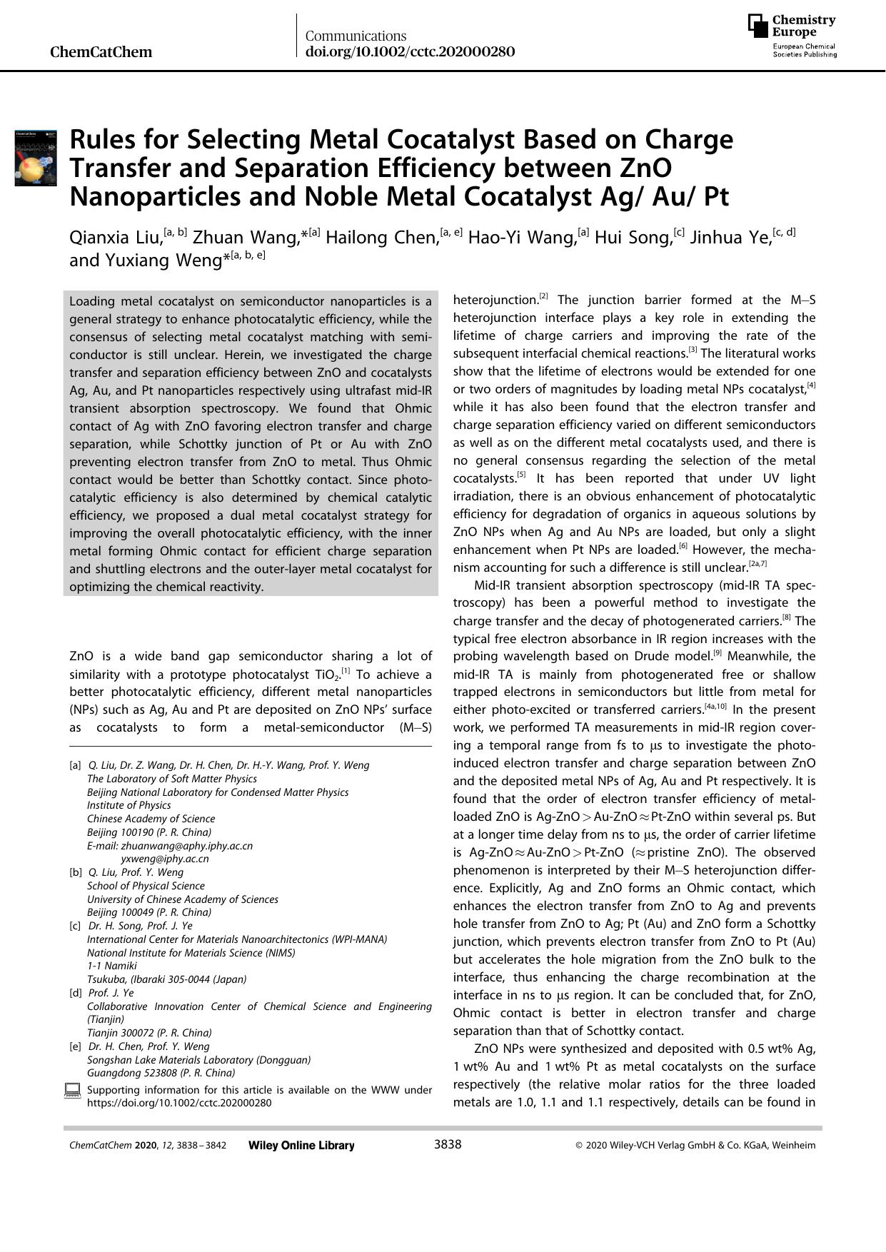 Rules for Selecting Metal Cocatalyst Based on Charge Transfer and Separation Efficiency between ZnO Nanoparticles and Noble Metal Cocatalyst Ag Au Pt by Unknown