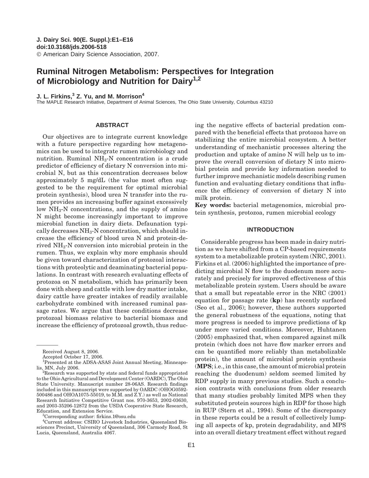Ruminal Nitrogen Metabolism: Perspectives for Integration of Microbiology and Nutrition for Dairy by J. L. Firkins Z. Yu and M. Morrison