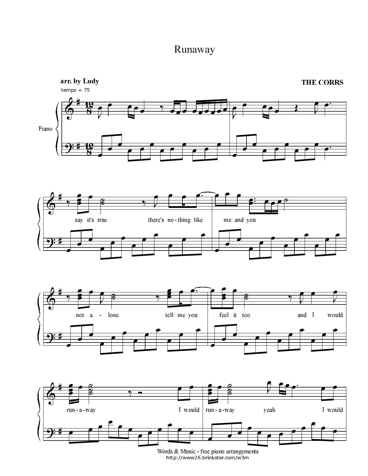 Runaway (Piano Score) The Corrs by Unknown