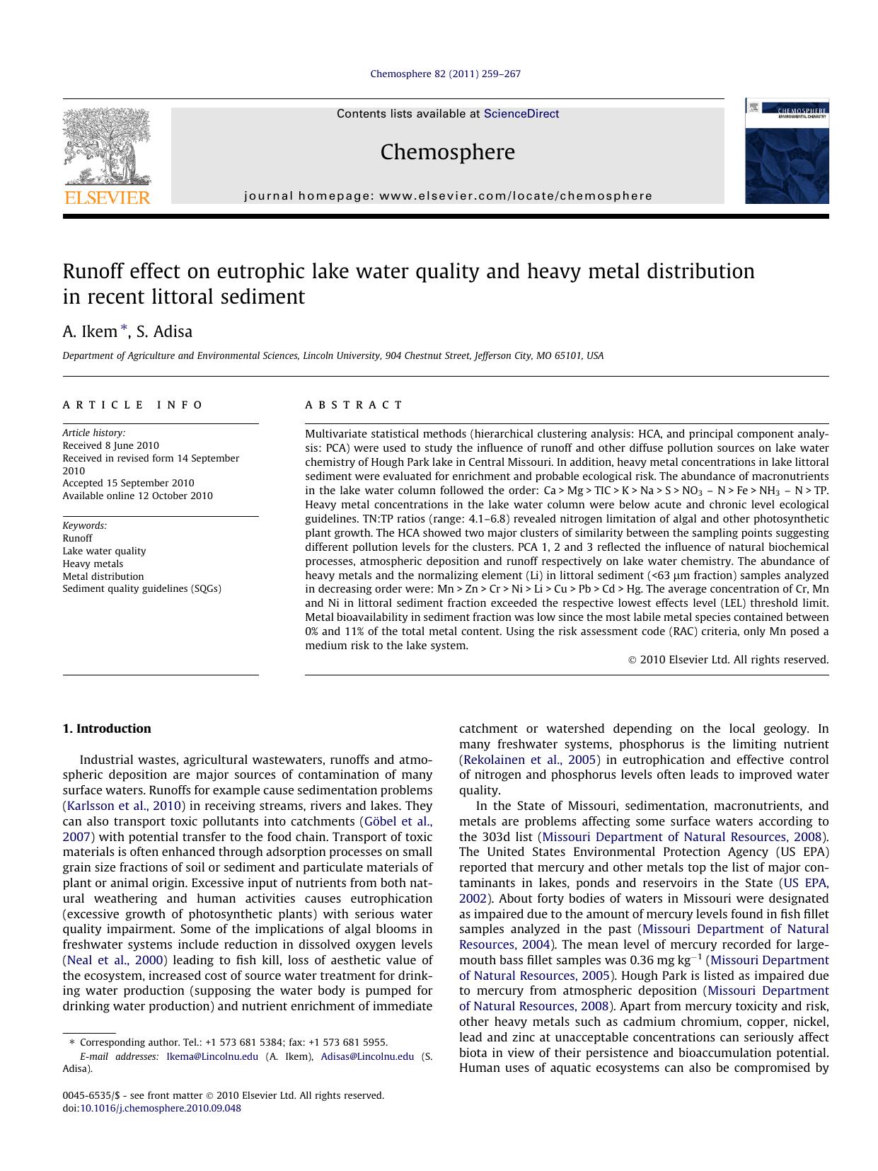 Runoff effect on eutrophic lake water quality and heavy metal distribution in recent littoral sediment by A. Ikem & S. Adisa