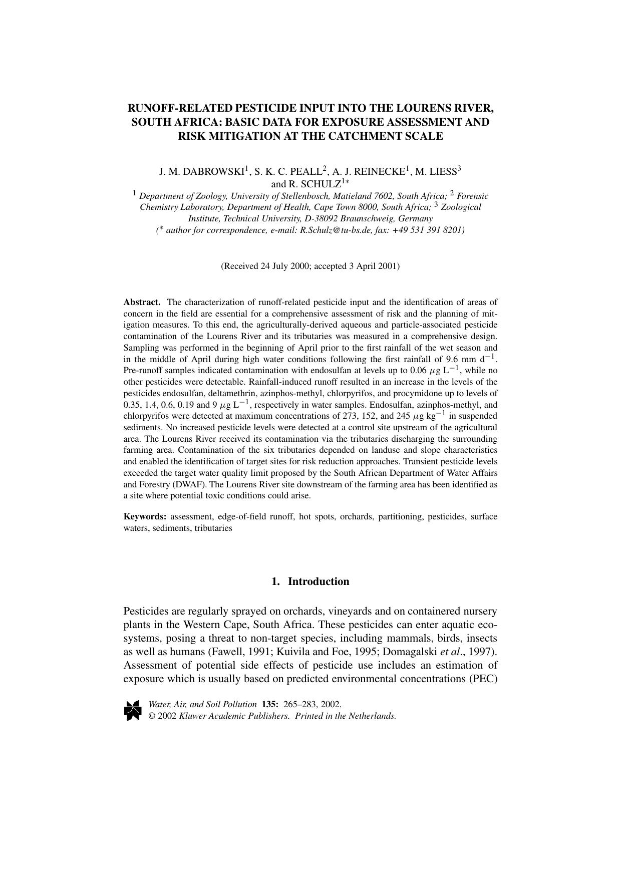 Runoff-Related Pesticide Input into the Lourens River, South Africa: Basic Data for Exposure Assessment and Risk Mitigation at the Catchment Scale by Unknown