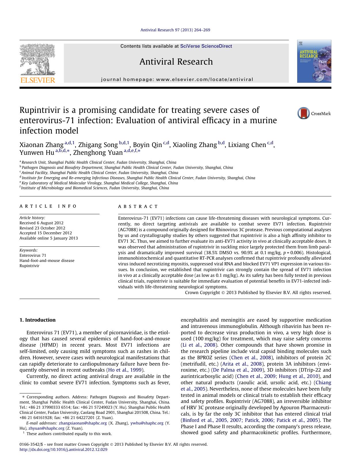 Rupintrivir is a promising candidate for treating severe cases of enterovirus-71 infection: Evaluation of antiviral efficacy in a murine infection model by unknow