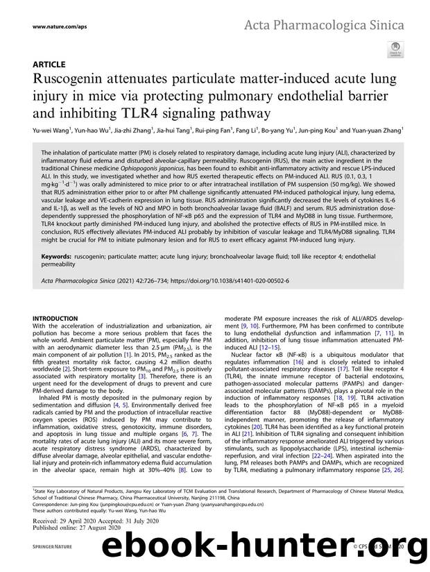 Ruscogenin attenuates particulate matter-induced acute lung injury in mice via protecting pulmonary endothelial barrier and inhibiting TLR4 signaling pathway by unknow