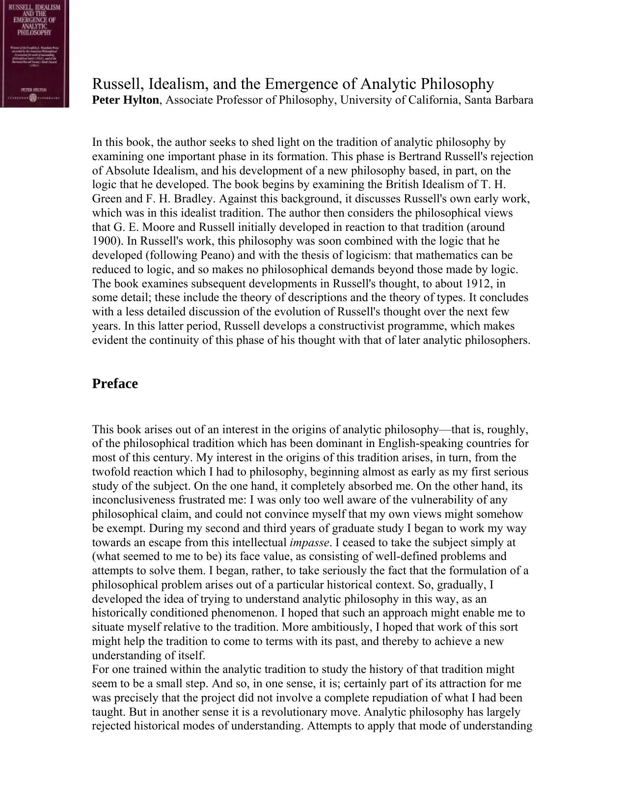 Russell, Idealism, and the Emergence of Analytic Philosophy by neo