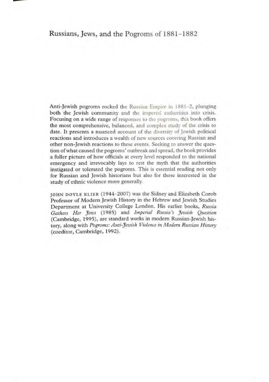 Russians, Jews, and the Pogroms of 1881â1882 by John Doyle Klier
