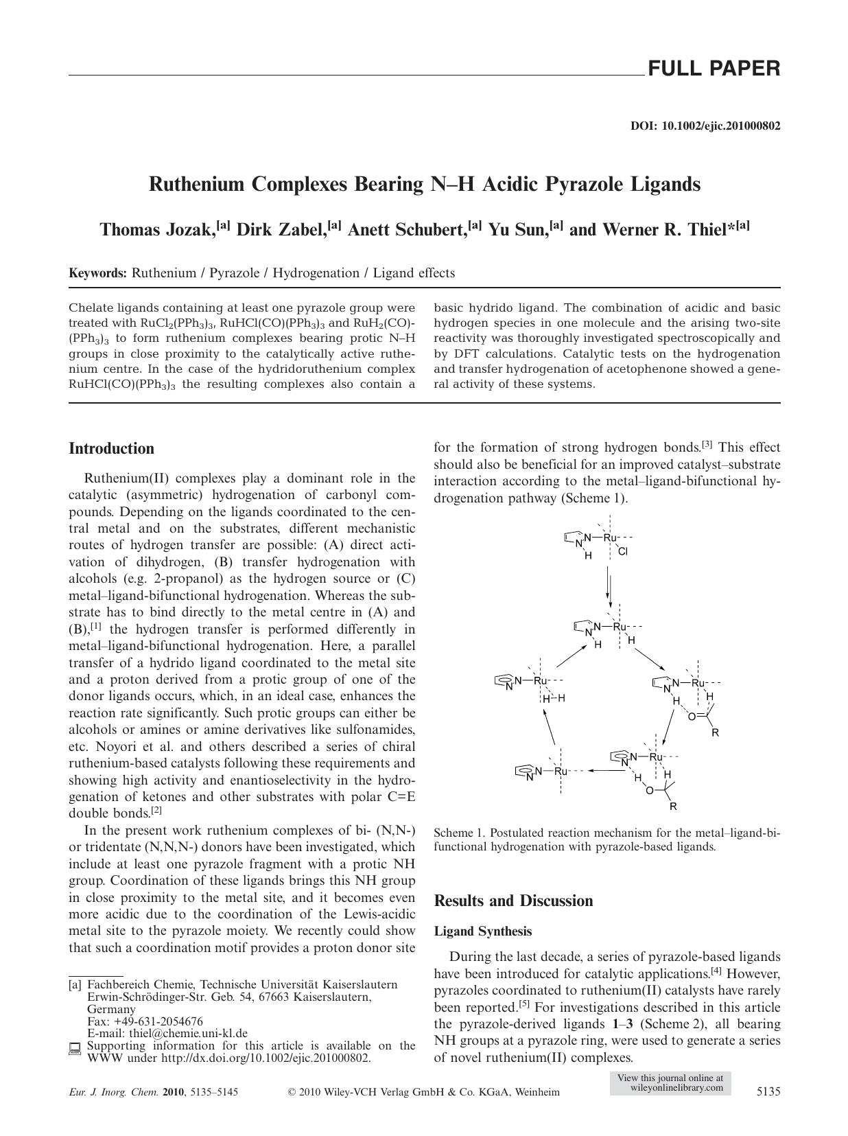 Ruthenium Complexes Bearing NH Acidic Pyrazole Ligands by Unknown