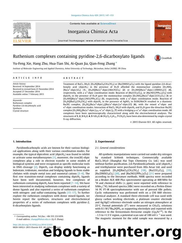Ruthenium complexes containing pyridine-2,6-dicarboxylato ligands by Yu-Feng Xie & Hang Zhu & Hua-Tian Shi & Ai-Quan Jia & Qian-Feng Zhang