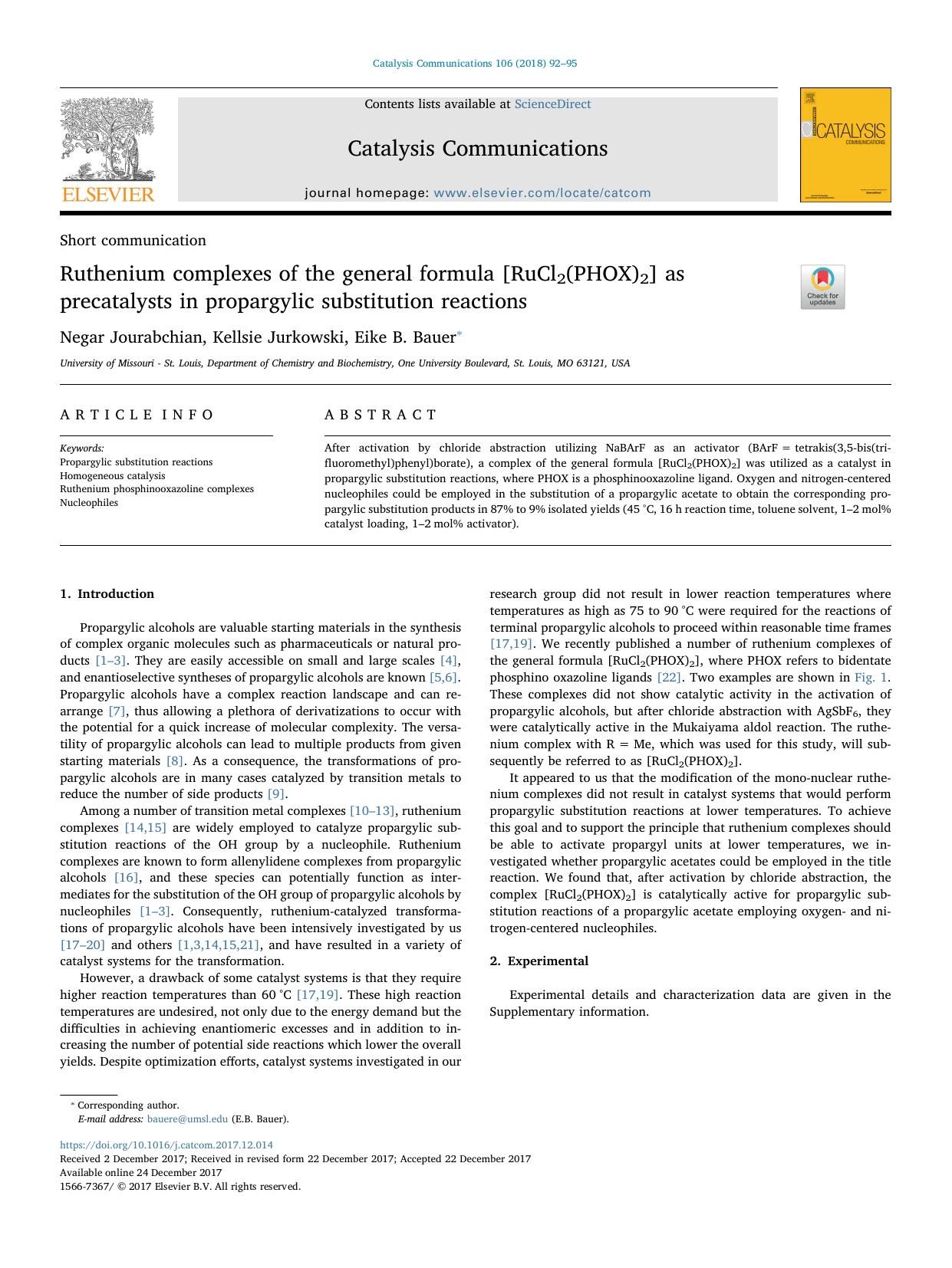 Ruthenium complexes of the general formula [RuCl2(PHOX)2] as precatalysts in propargylic substitution reactions by Negar Jourabchian & Kellsie Jurkowski & Eike B. Bauer