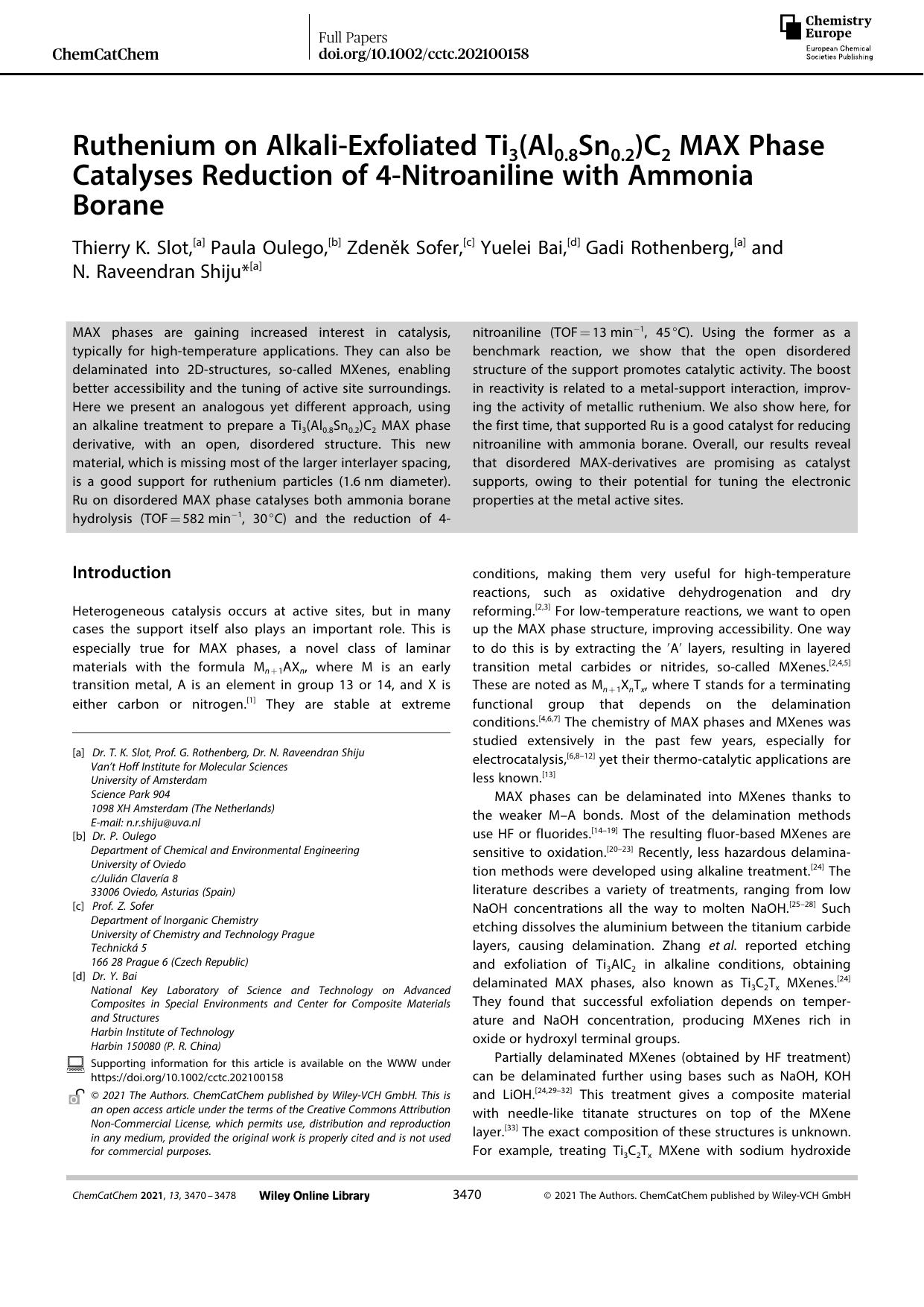 Ruthenium on AlkaliâExfoliated Ti3(Al0.8Sn0.2)C2 MAX Phase Catalyses Reduction of 4âNitroaniline with Ammonia Borane by Unknown