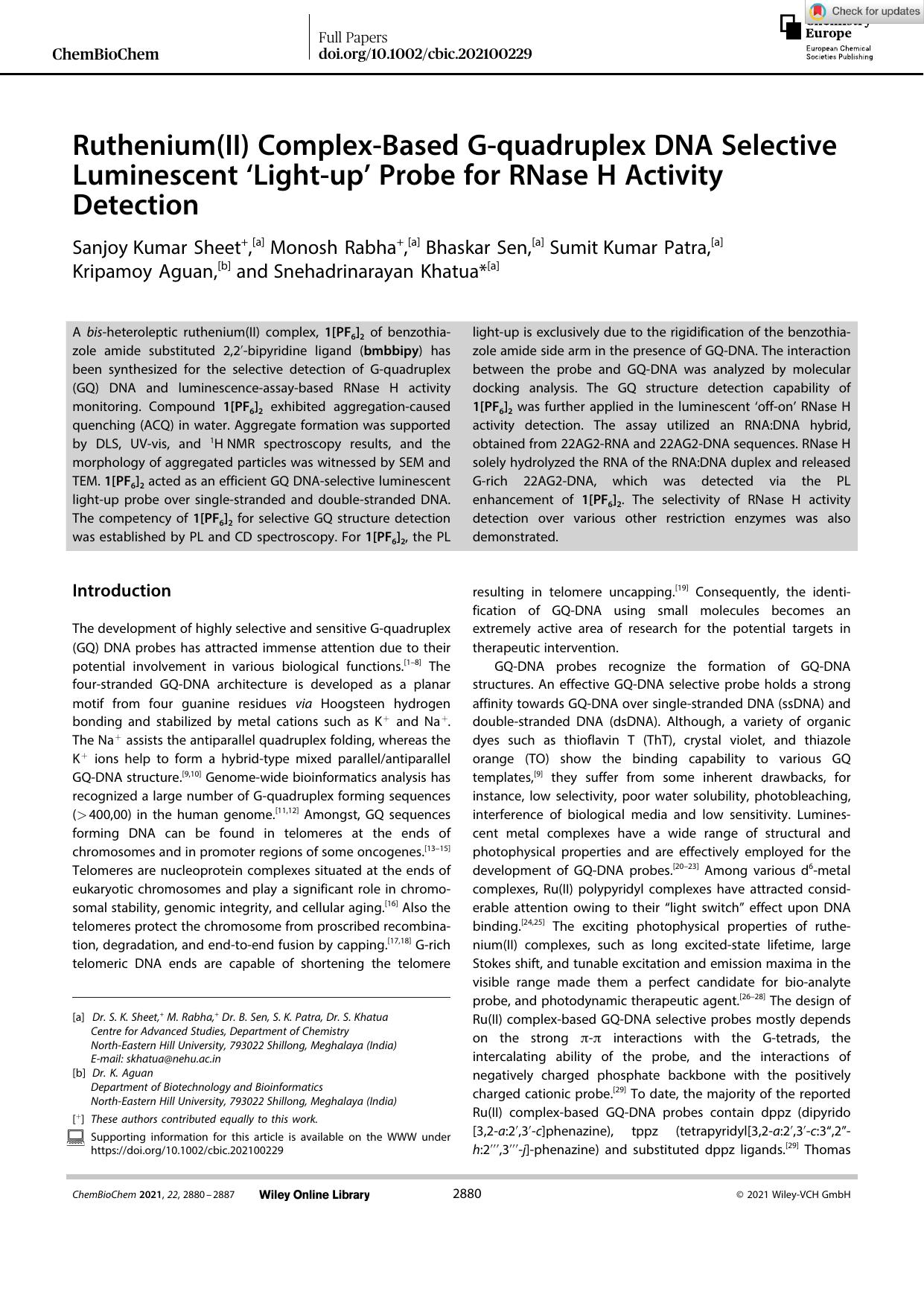 Ruthenium(II) ComplexâBased Gâquadruplex DNA Selective Luminescent âLightâupâ Probe for RNase H Activity Detection by Unknown