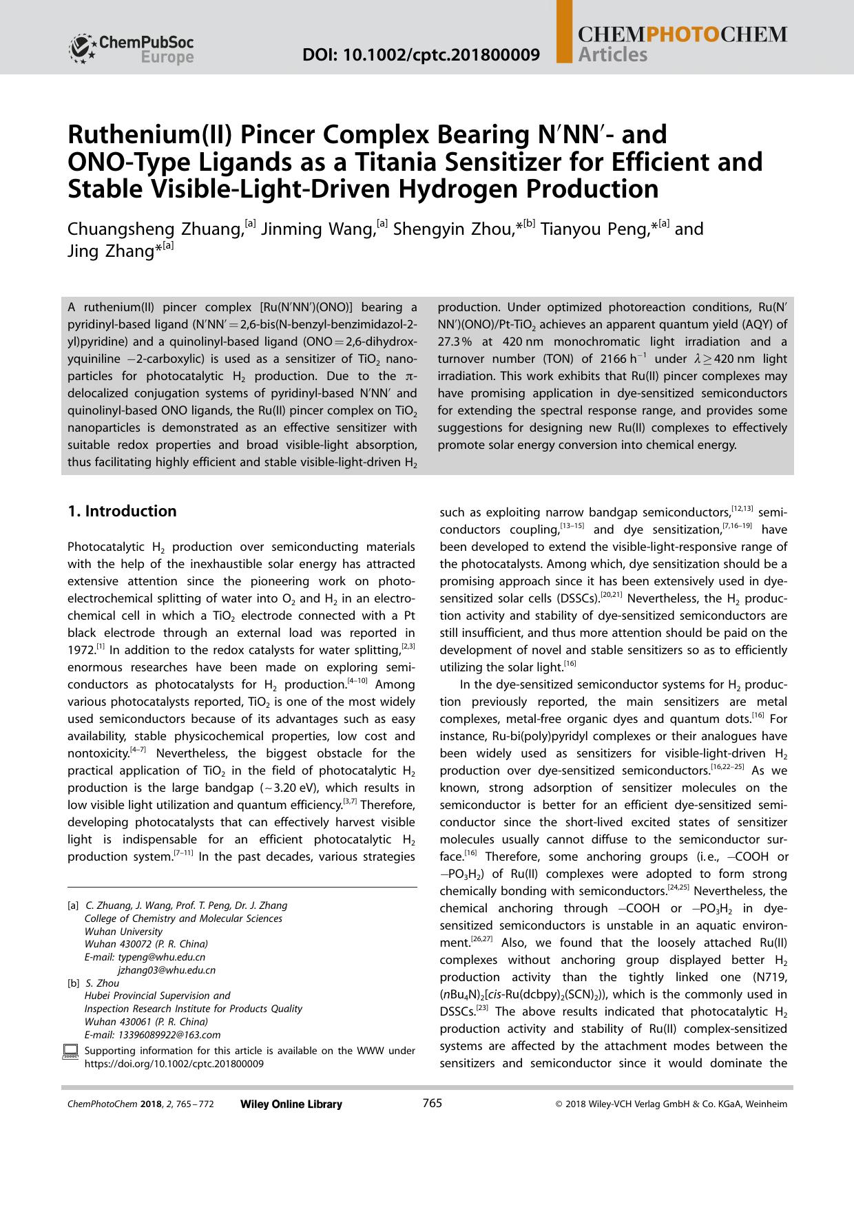 Ruthenium(II) Pincer Complex Bearing Nâ²NNâ²â and ONOâType Ligands as a Titania Sensitizer for Efficient and Stable VisibleâLightâDriven Hydrogen Production by Unknown