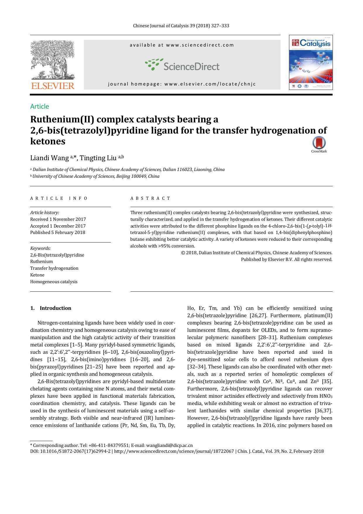 Ruthenium(II) complex catalysts bearing a 2,6-bis(tetrazolyl)pyridine ligand for the transfer hydrogenation of ketones by Liandi Wang & Tingting Liu