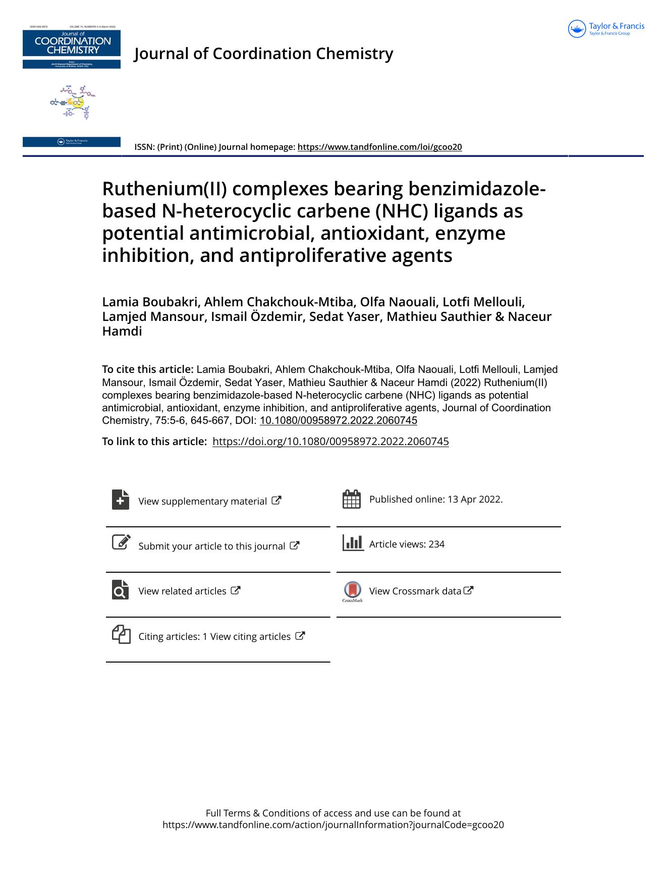 Ruthenium(II) complexes bearing benzimidazole-based N-heterocyclic carbene (NHC) ligands as potential antimicrobial, antioxidant, enzyme inhibition, and antiproliferative agents by unknow