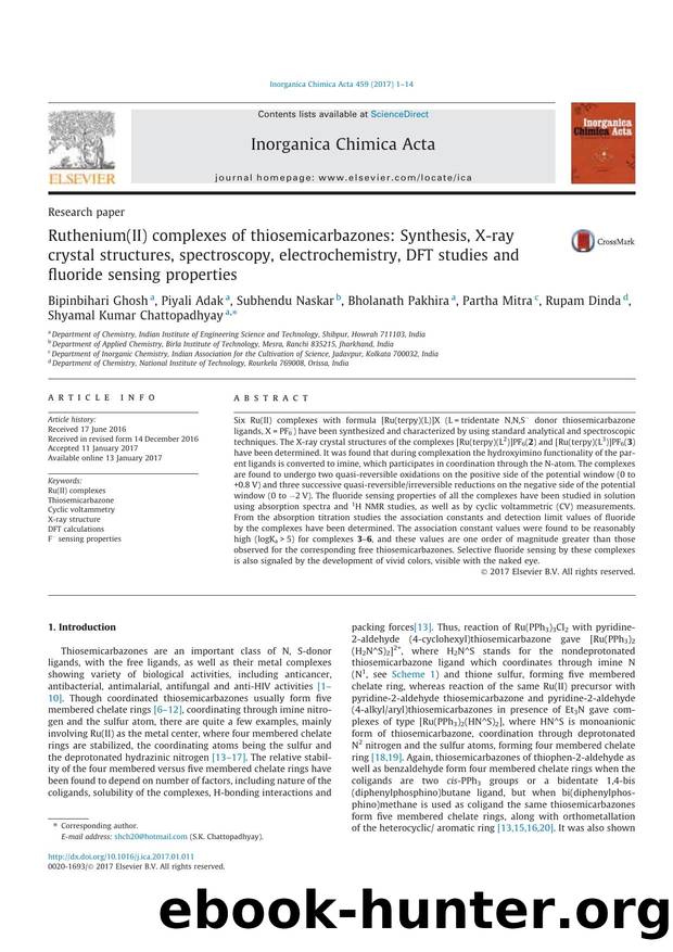 Ruthenium(II) complexes of thiosemicarbazones: Synthesis, X-ray crystal structures, spectroscopy, electrochemistry, DFT studies and fluoride sensing properties by unknow