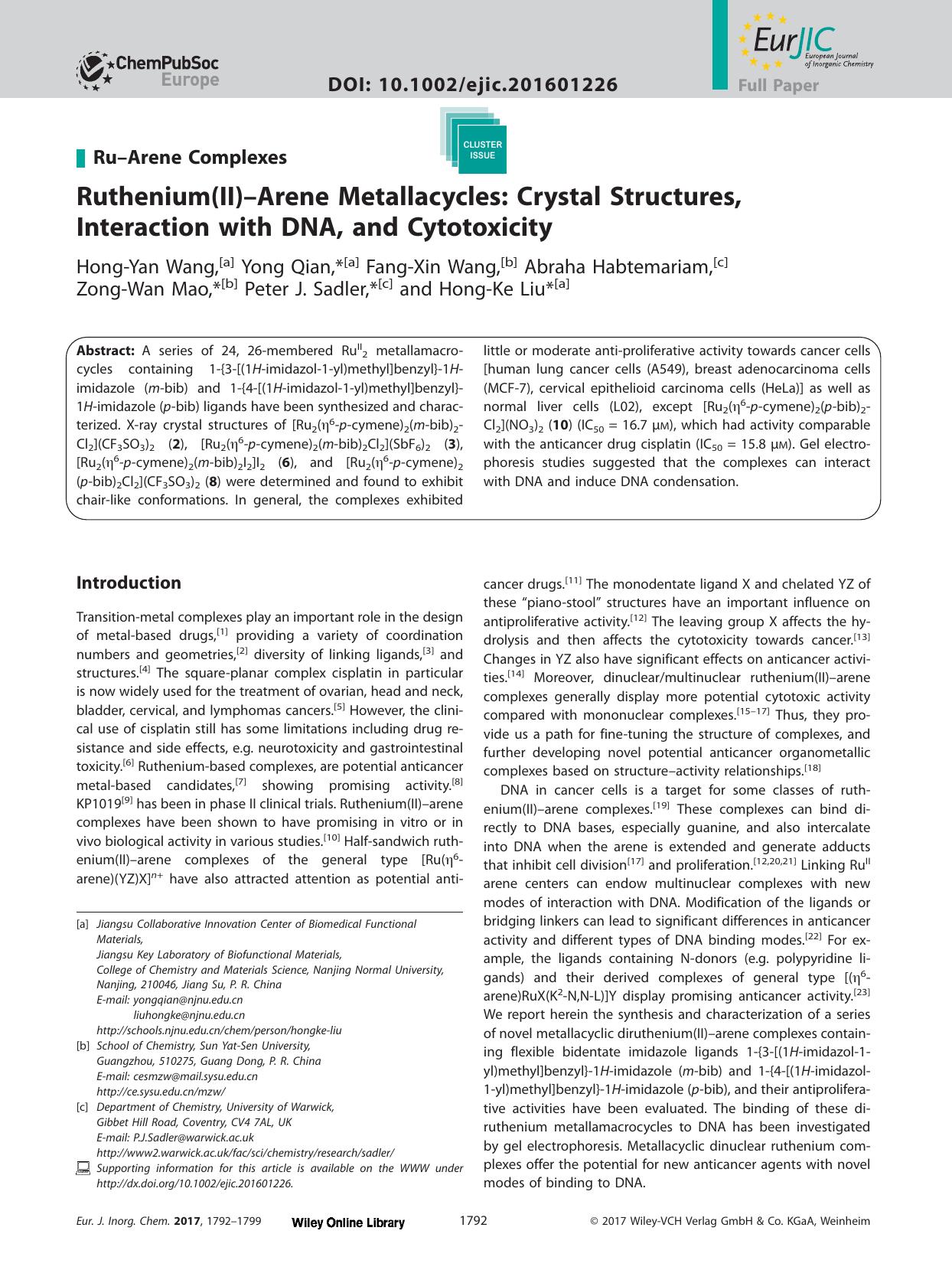 Ruthenium(II)–Arene Metallacycles: Crystal Structures, Interaction with DNA, and Cytotoxicity by Unknown