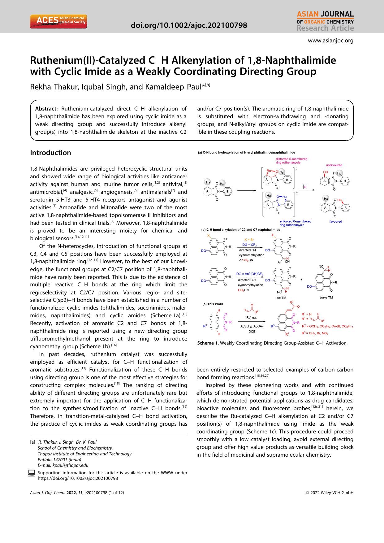 Ruthenium(II)âCatalyzed CâH Alkenylation of 1,8âNaphthalimide with Cyclic Imide as a Weakly Coordinating Directing Group by Unknown