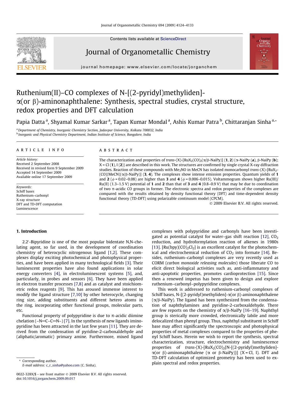 Ruthenium(II)–CO complexes of N-[(2-pyridyl)methyliden]-α(or β)-aminonaphthalene: Synthesis, spectral studies, crystal structure, redox properties and DFT calculation by Papia Datta; Shyamal Kumar Sarkar; Tapan Kumar Mondal; Ashis Kumar Patra; Chittaranjan Sinha