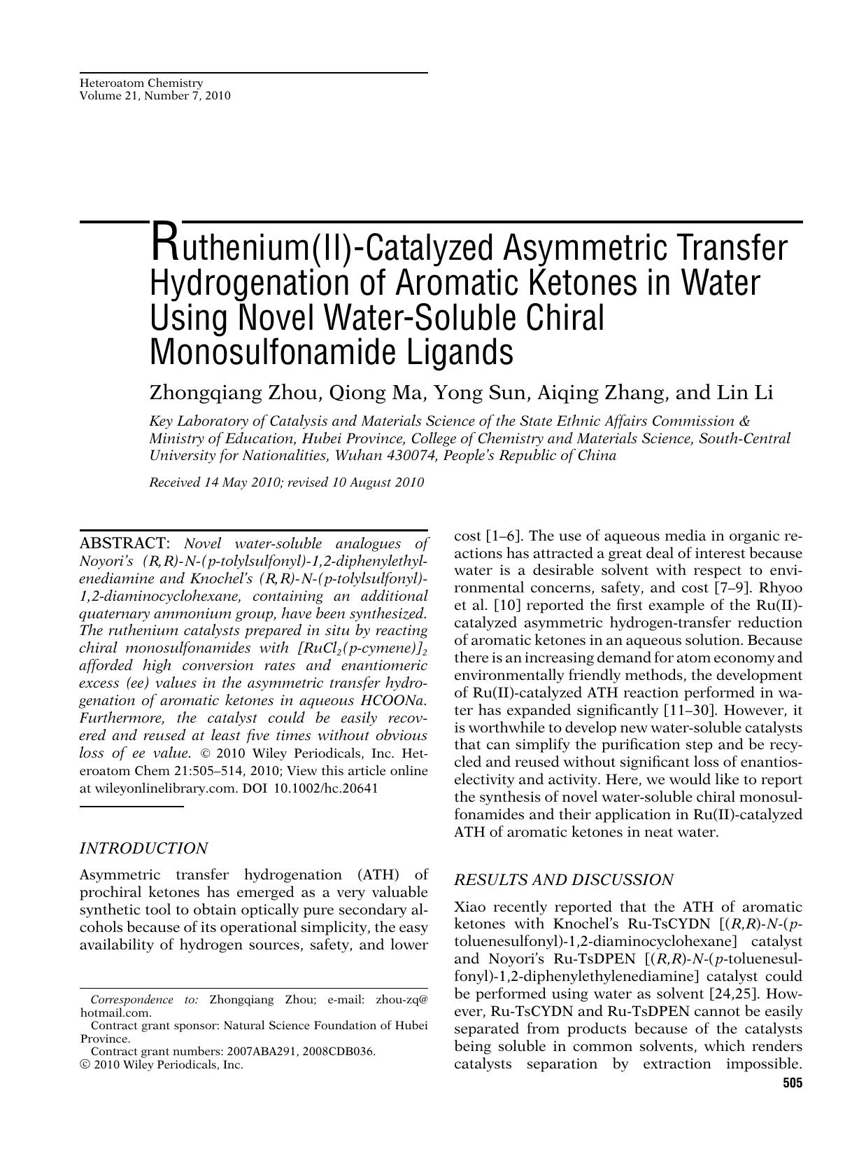 Ruthenium(II)catalyzed asymmetric transfer hydrogenation of aromatic ketones in water using novel watersoluble chiral monosulfonamide ligands by s113TechBooks
