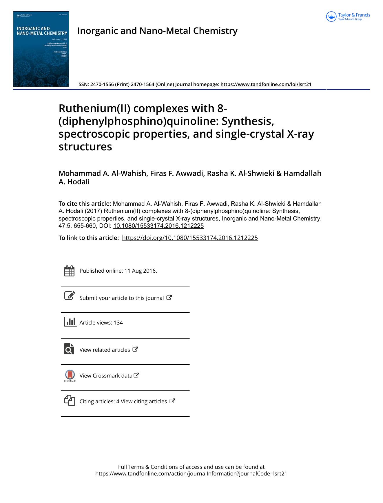 Ruthenium\(II\) complexes with 8-\(diphenylphosphino\)quinoline: Synthesis, spectroscopic properties, and single-crystal X-ray structures by Mohammad A. Al-Wahish & Firas F. Awwadi & Rasha K. Al-Shwieki & Hamdallah A. Hodali