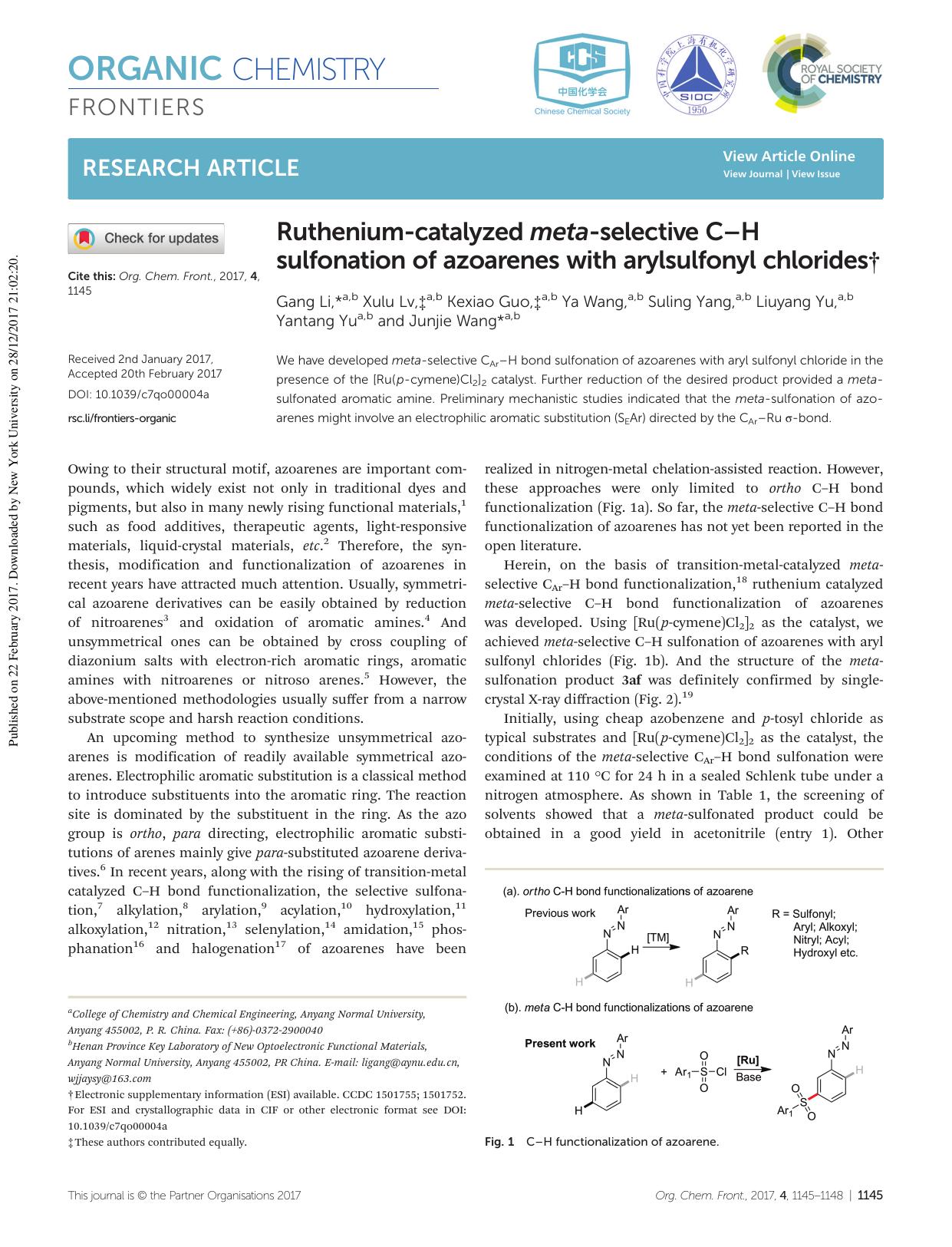 Ruthenium-catalyzed meta-selective CâH sulfonation of azoarenes with arylsulfonyl chlorides by Gang Li Xulu Lv Kexiao Guo Ya Wang Suling Yang Liuyang Yu Yantang Yu Junjie Wang